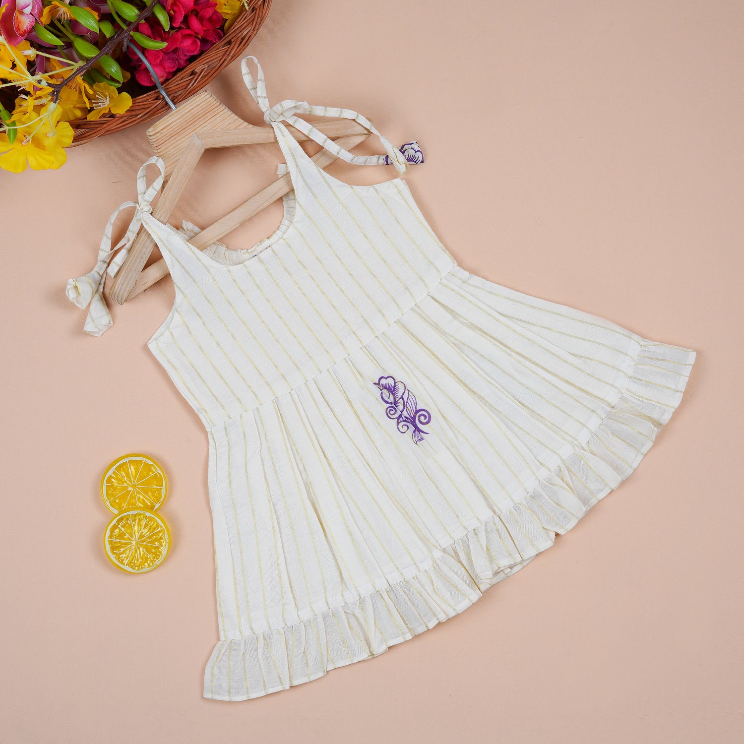 Baby Soft Cotton Striped Frock with Purple Floral Motif