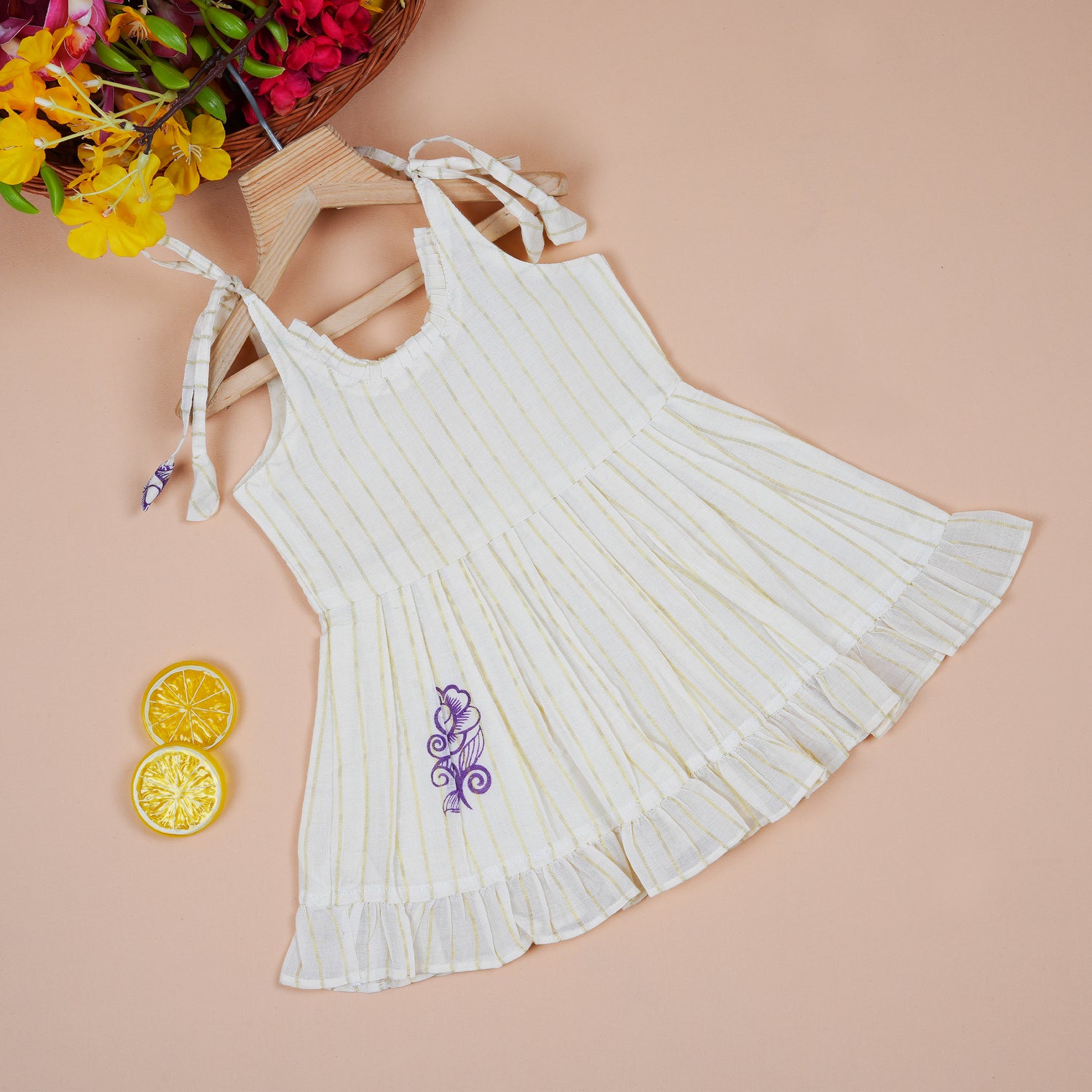 Baby Soft Cotton Striped Frock with Purple Floral Motif