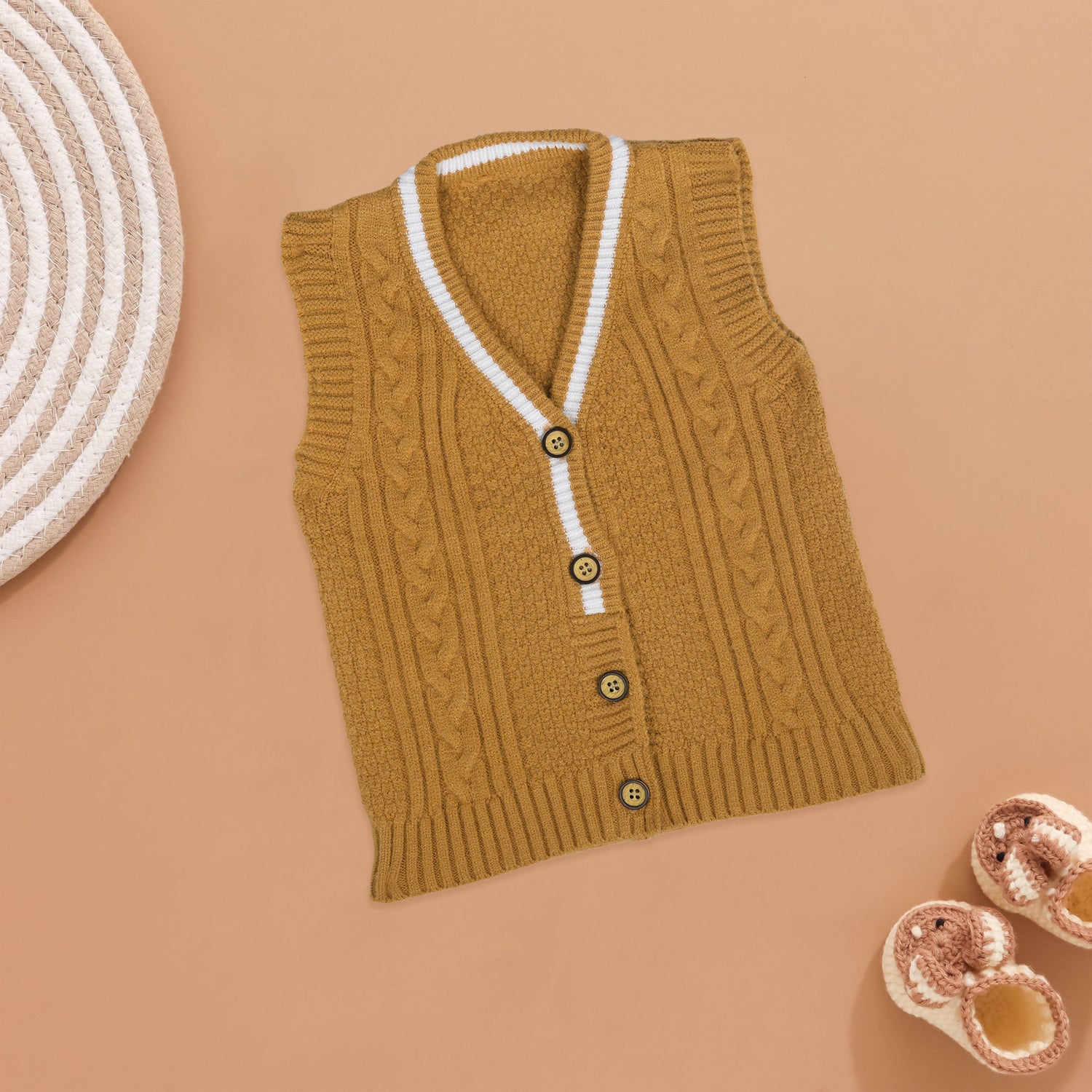 Timeless Comfort: Mustard Knit Vest with Striped Trim Boon Babies