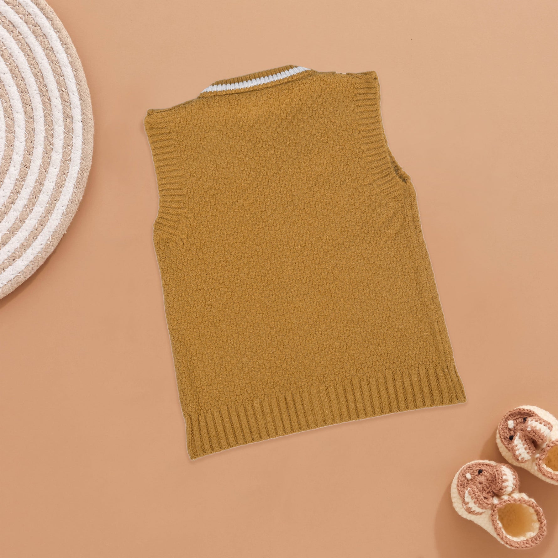 Timeless Comfort: Mustard Knit Vest with Striped Trim Boon Babies