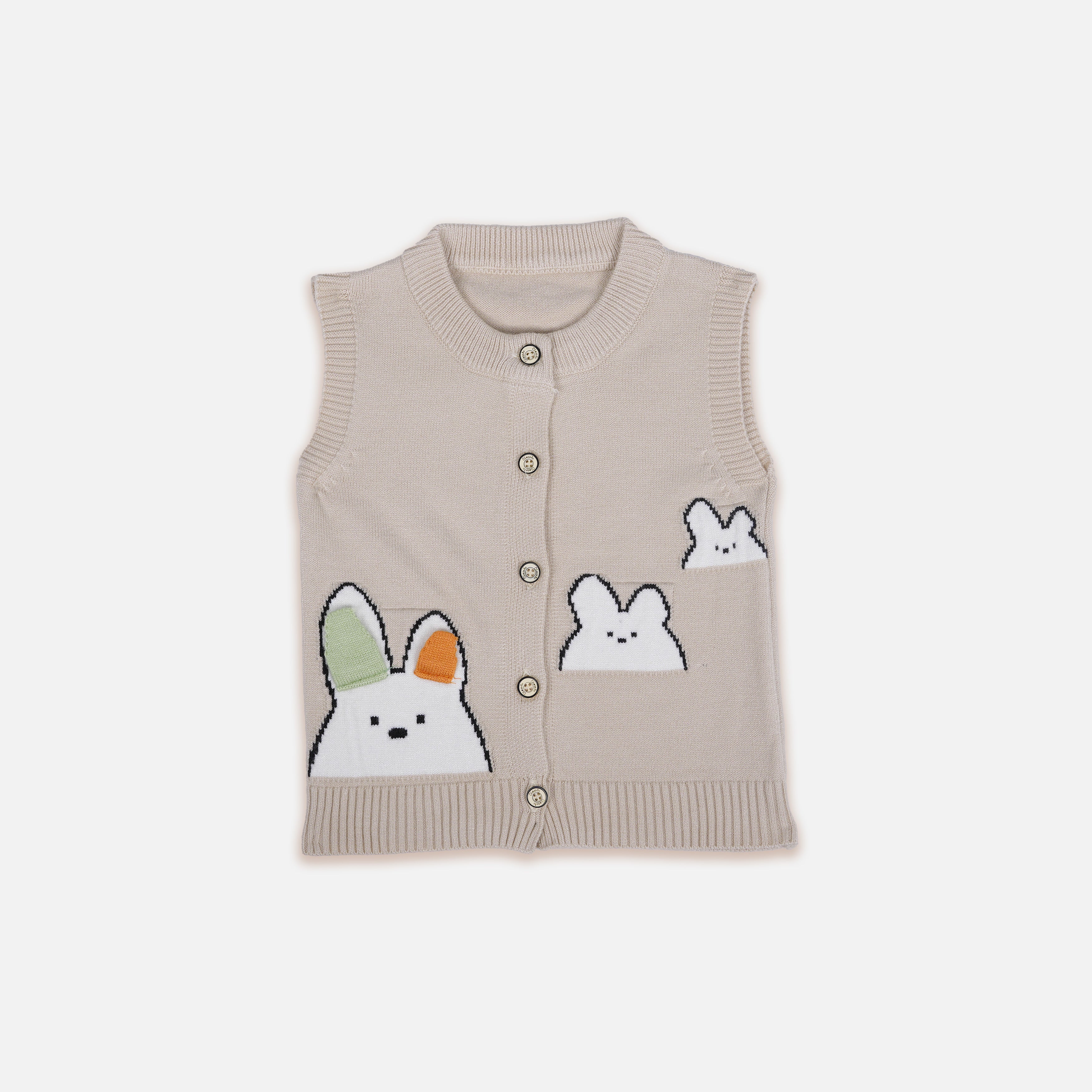 Grey knitted bunny vest for kids by Boon Babies, adorable winter babywear in cozy woolen fabric, suitable for 6-12 months.