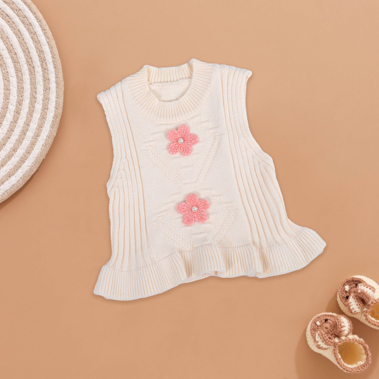 Soft Cream Knit Vest with Floral Appliqué Boon Babies