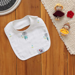 Adorable muslin baby bib with elephant print. Snap-on, soft, and perfect for feeding and drooling – free size for all babies.