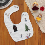 Soft muslin bib with bear and bunny forest prints. Snap-on, breathable, and perfect for feeding and drool-time. Free size fit.