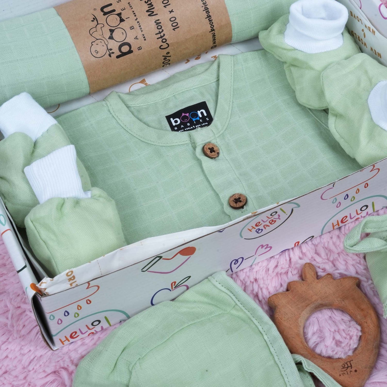Green Muslin Baby Combo Set – Newborn Dress Collection by Boon Babies
