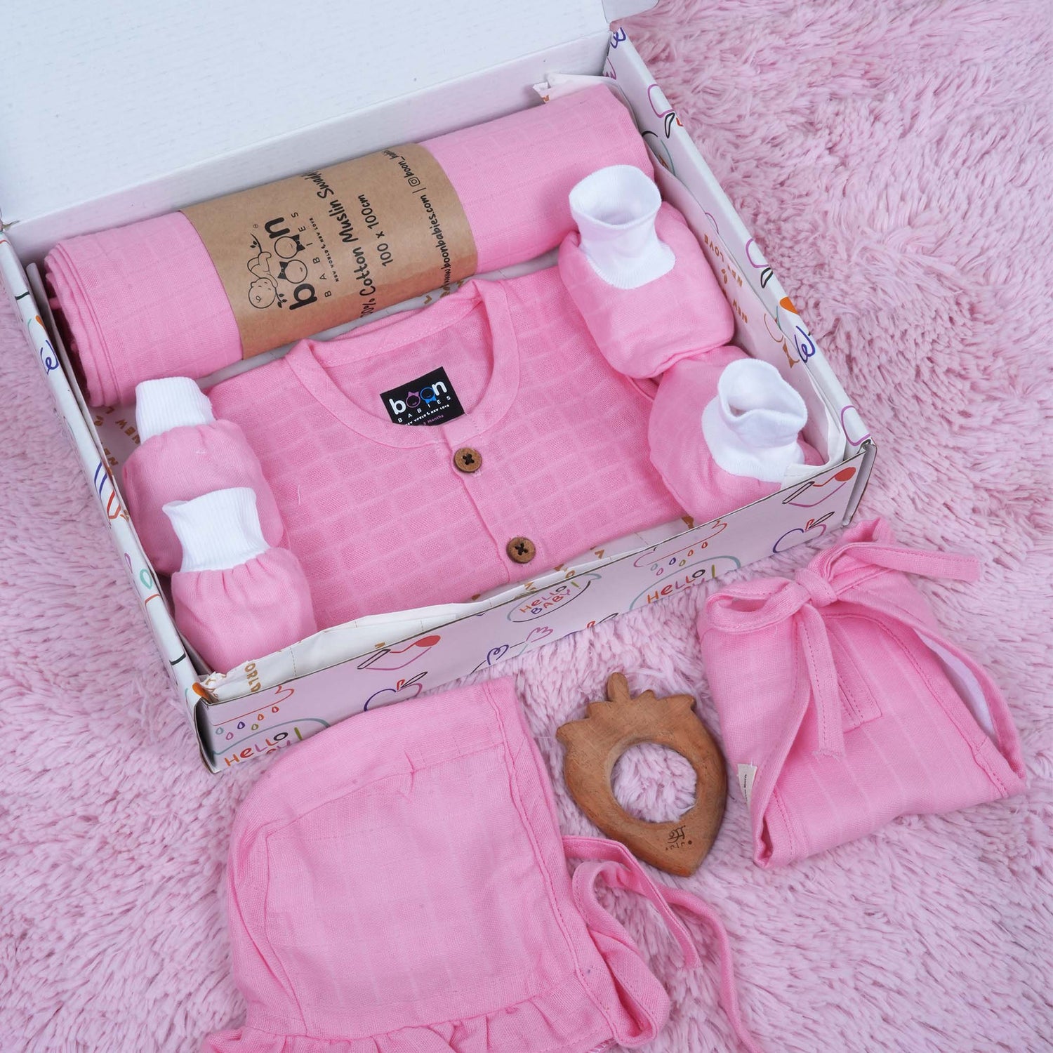 Pink Muslin Baby Dress Set for Newborns | Gift Box by Boon Babies in Coimbatore