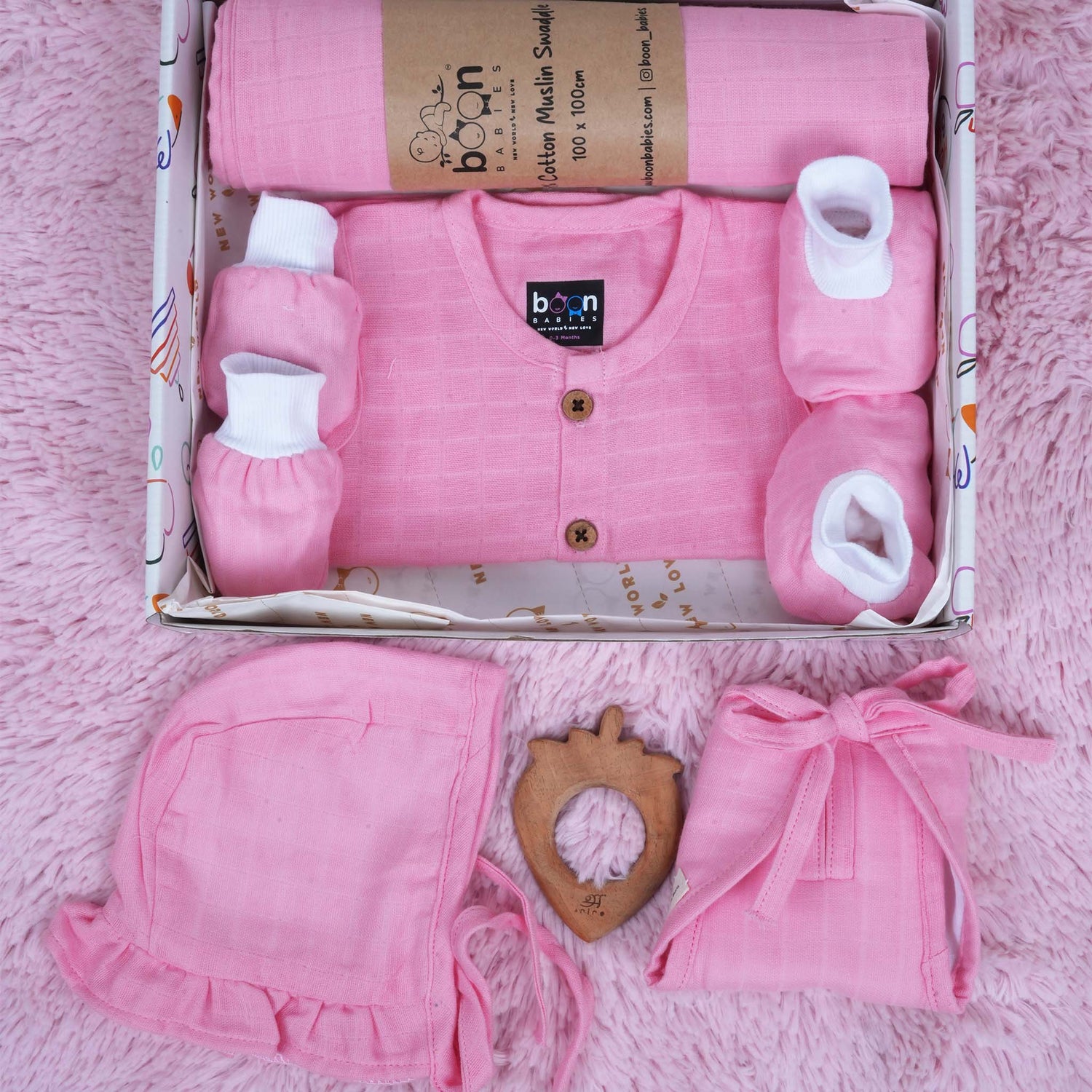 Pink Muslin Baby Dress Set for Newborns | Gift Box by Boon Babies in Coimbatore