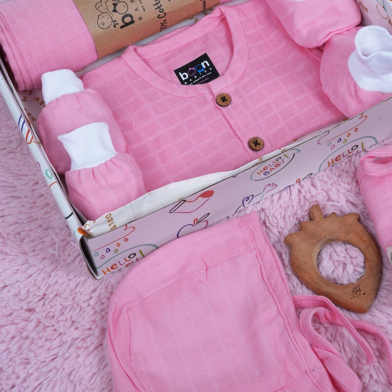 Pink Muslin Baby Dress Set for Newborns | Gift Box by Boon Babies in Coimbatore