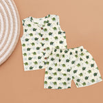 Soft muslin cotton baby dress set with elephant print, including a jabla and shorts for 4-6 months, by Boon Babies.
