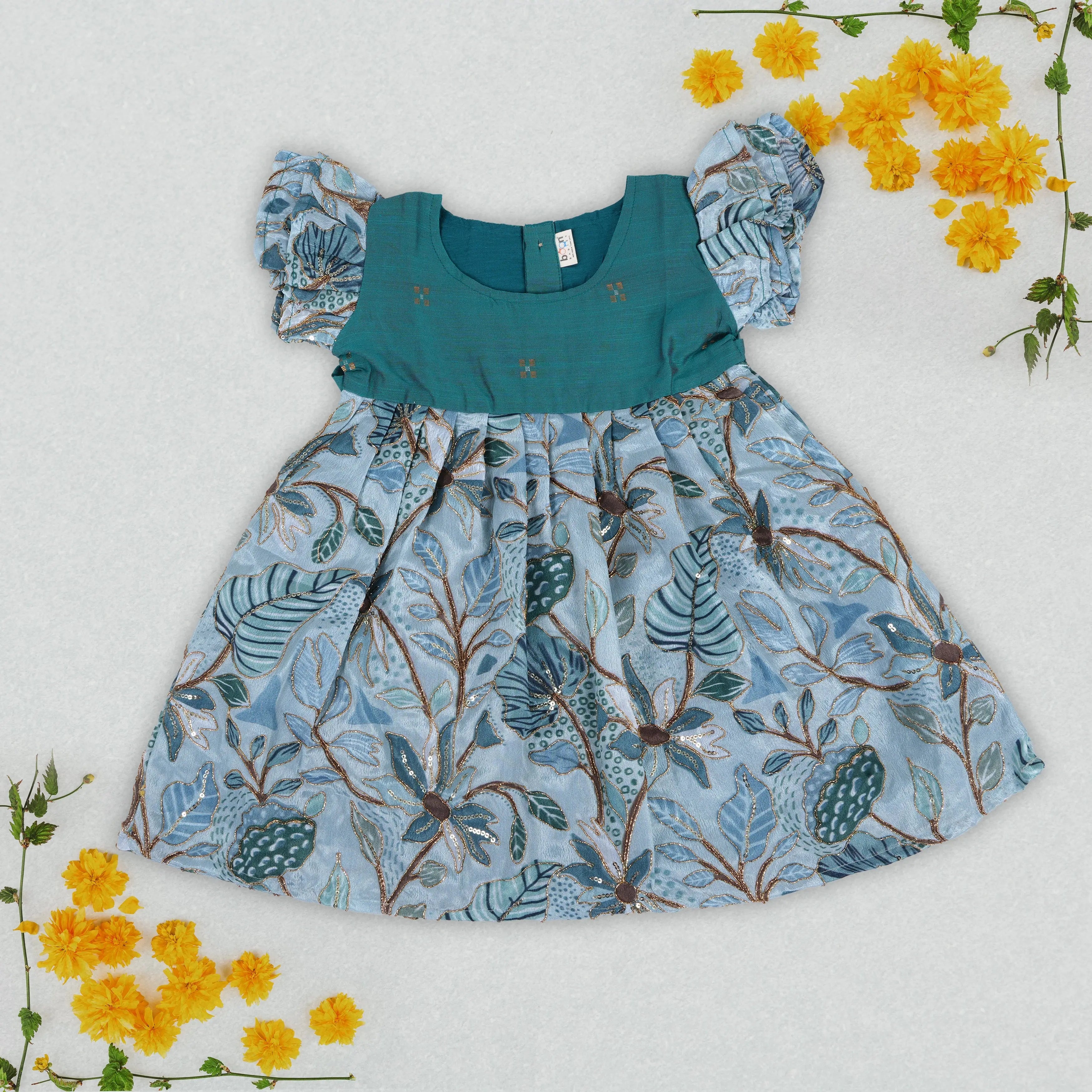 Green embroidered ethnic frock for little girls by Boon Babies, featuring intricate embroidery on silk fabric for stylish occasions.