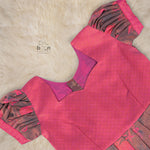 Traditional silk ethnic frock in Rani Pink and Brown for girls aged 1 to 5 years. Features zari motifs and puff sleeves – ideal for weddings and festivals.