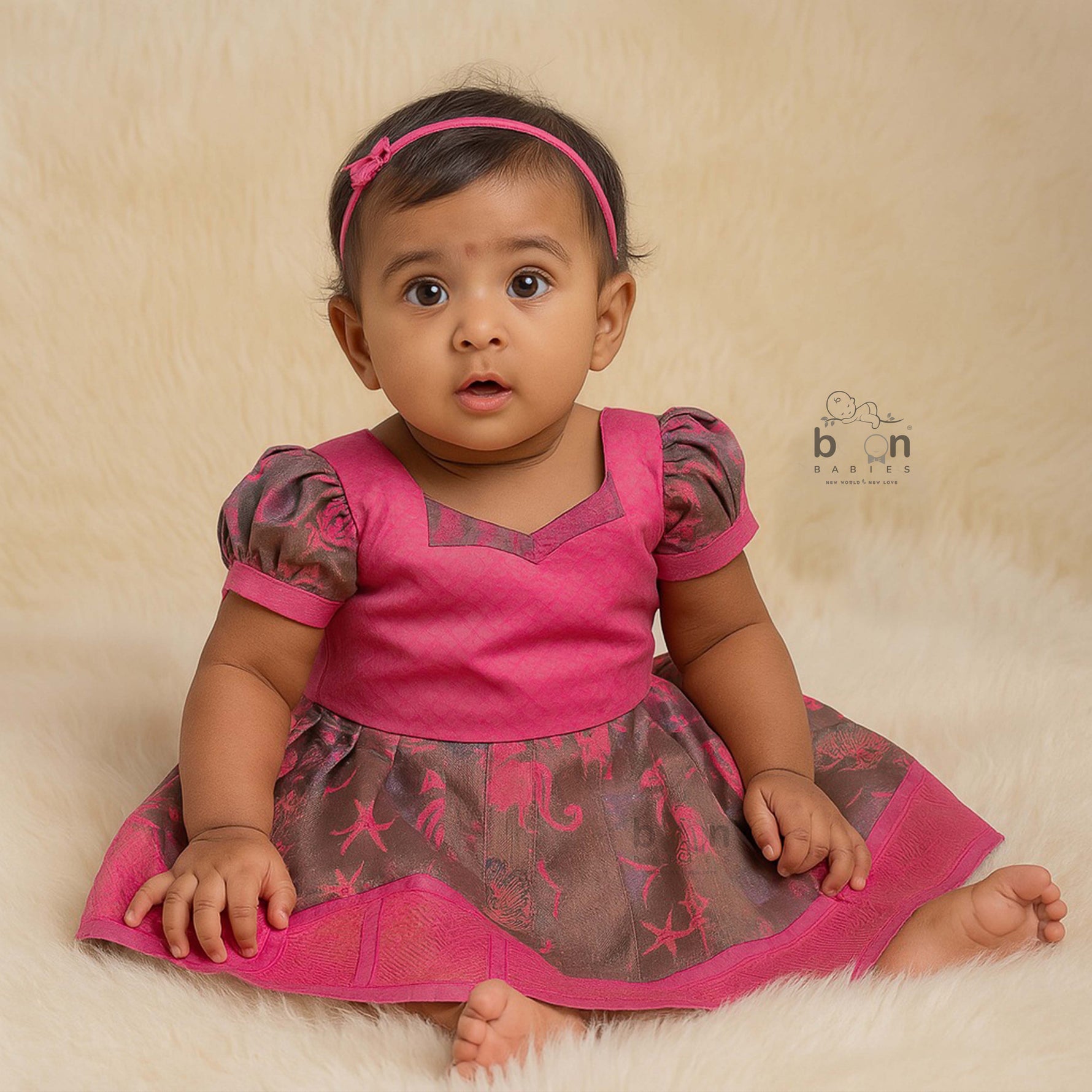 Traditional silk ethnic frock in Rani Pink and Brown for girls aged 1 to 5 years. Features zari motifs and puff sleeves – ideal for weddings and festivals.