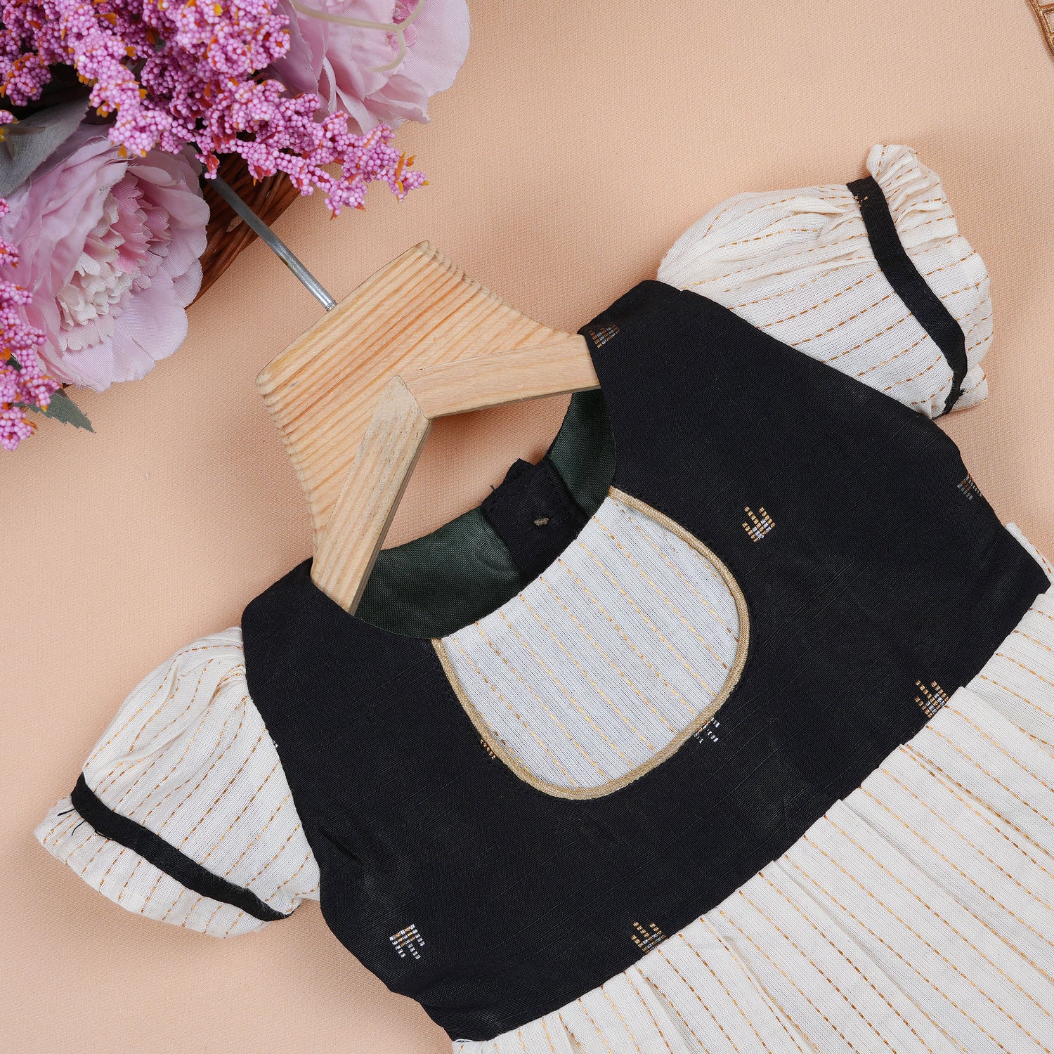 Black & Cream Silk Puff Paa Neck Frock with Golden Zari Stripes