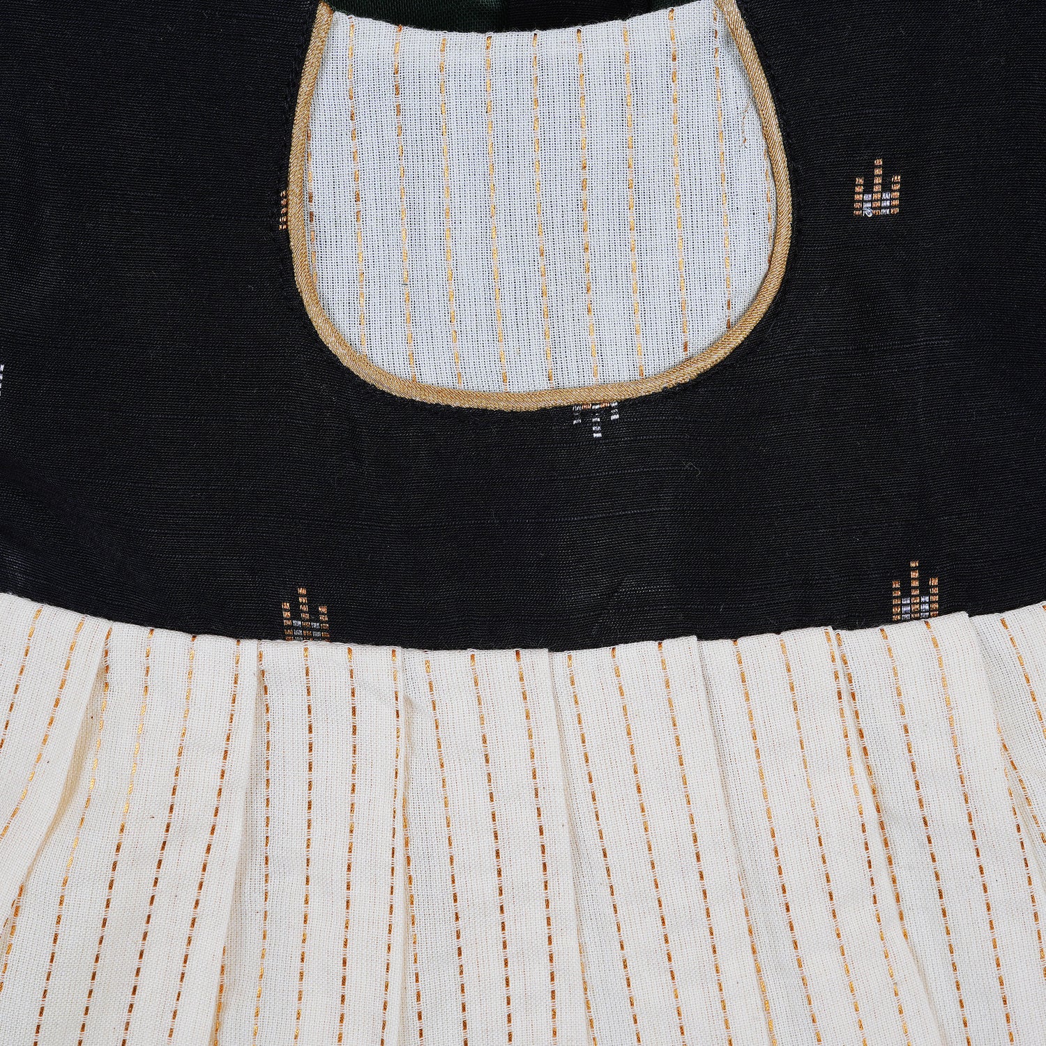 Black & Cream Silk Puff Paa Neck Frock with Golden Zari Stripes