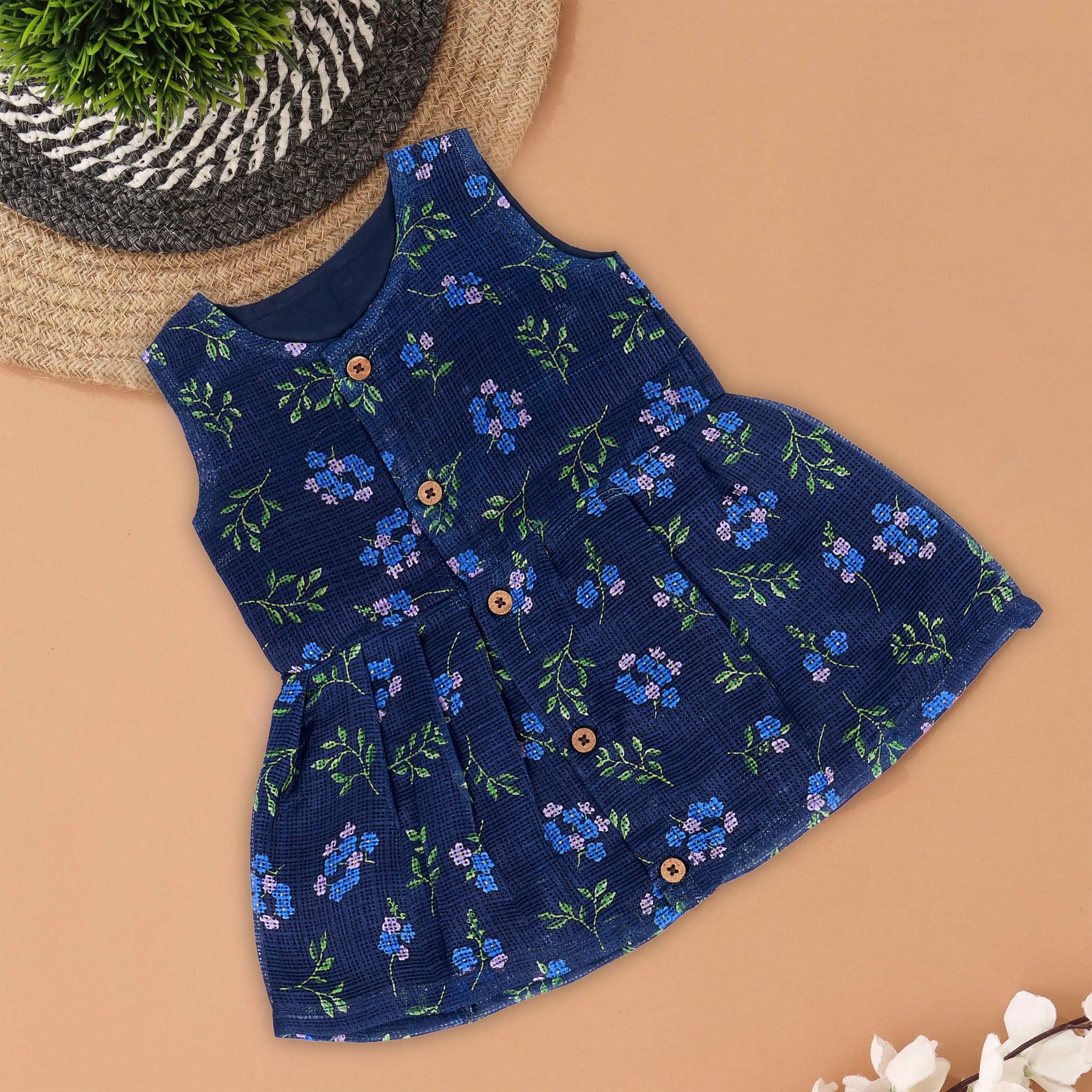 Chic in Blue: Floral Button-Up Frock for Sweet Little Girls Boon Babies