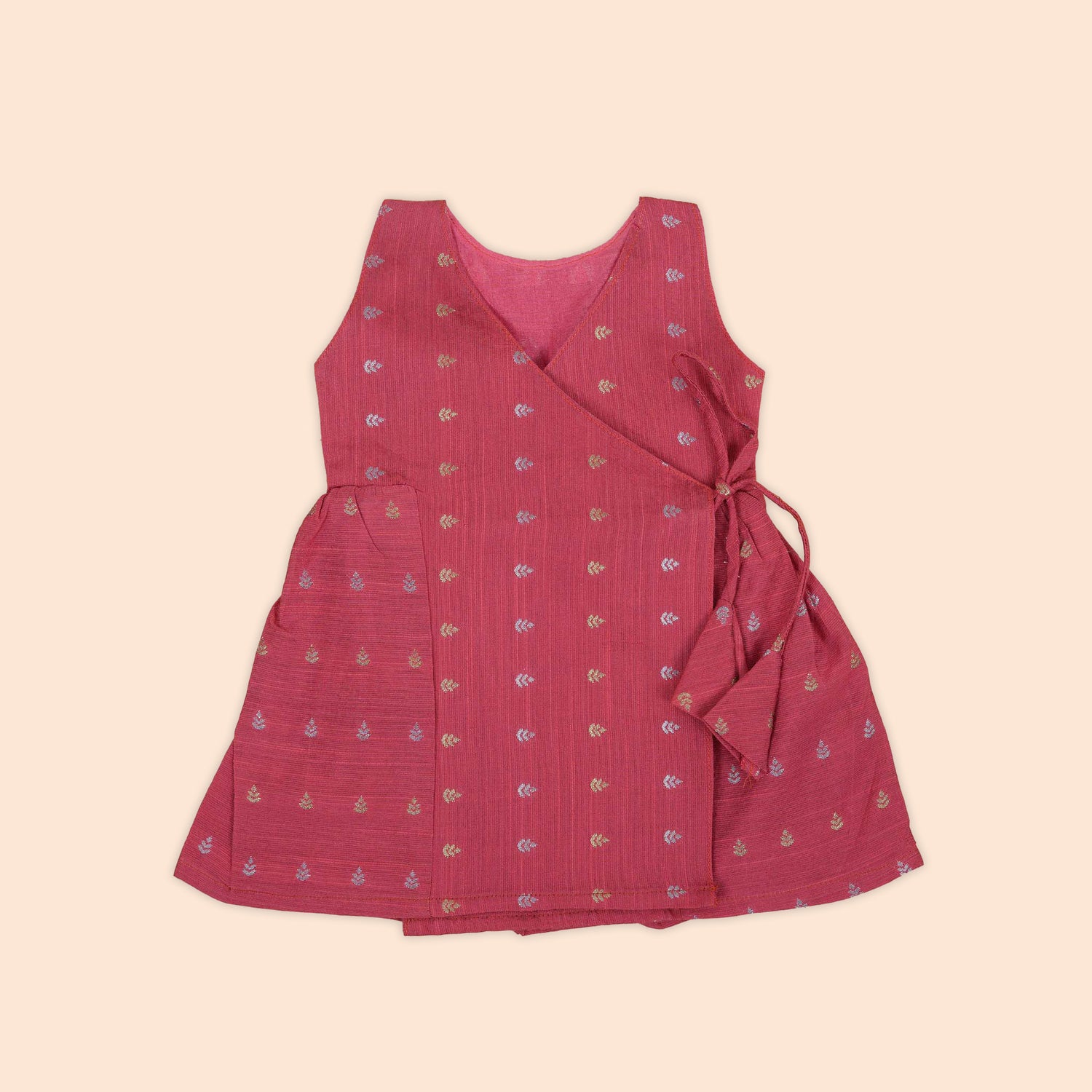 Charming Coral Red Baby Ethnic Side Knot Leaf Frock for Girls