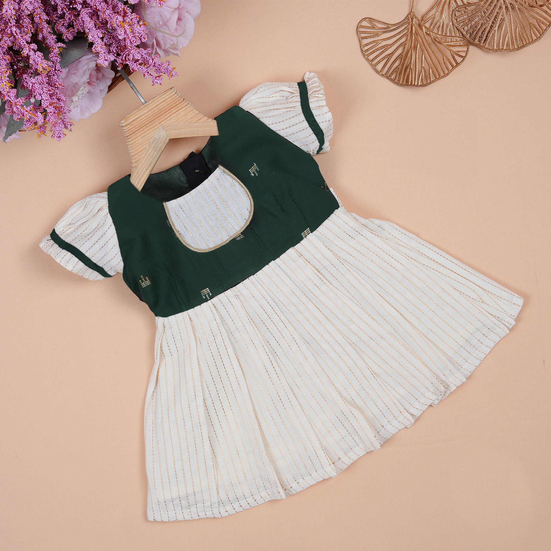 Bottle green silk puff-sleeve Paa Neck frock with zari butta & cream zari skirt — perfect ethnic wear for baby girls (NB–24M).
