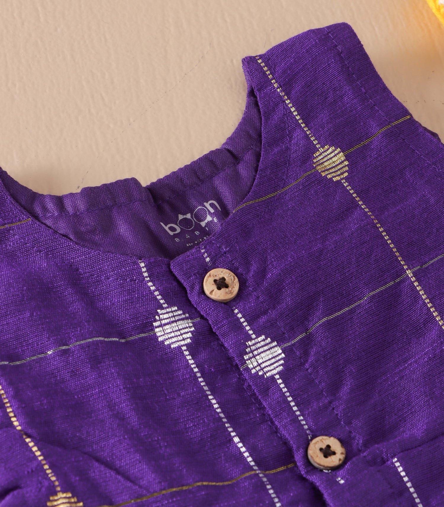Royal Purple Ethnic Butta Sleeveless Silk Baby Frock