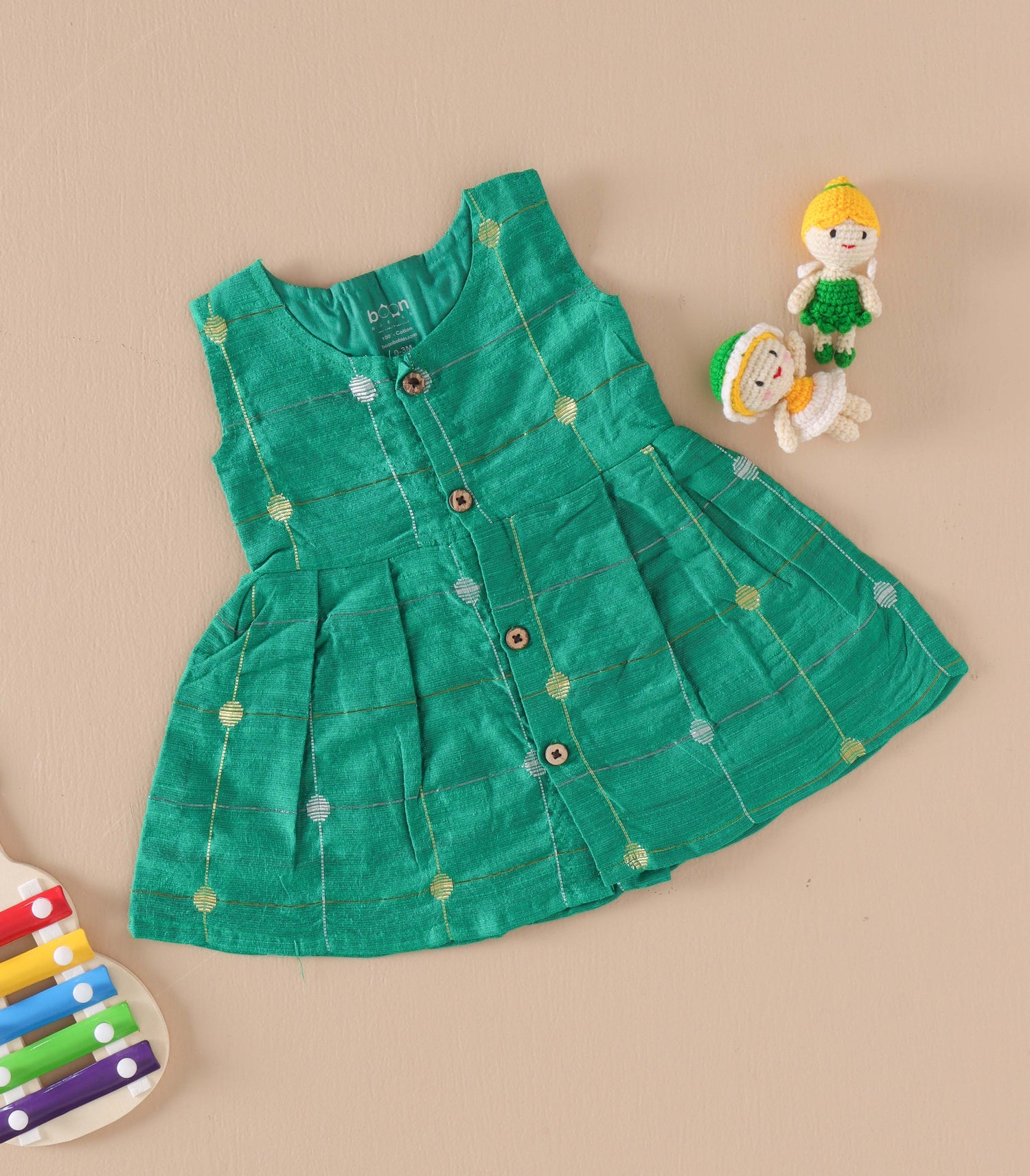 Classic Green Butta Silk Baby Frock with Wooden Buttons