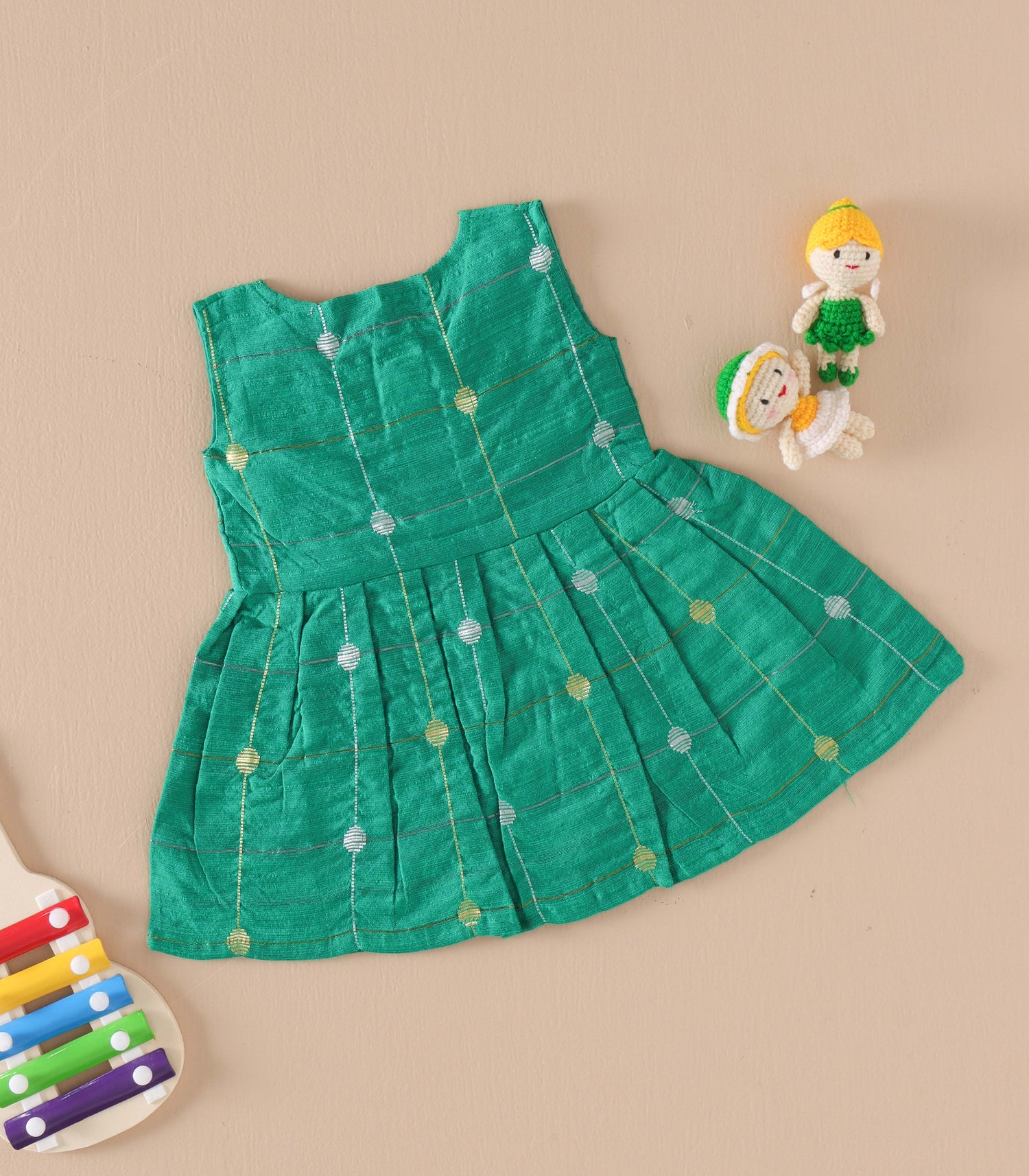 Classic Green Butta Silk Baby Frock with Wooden Buttons