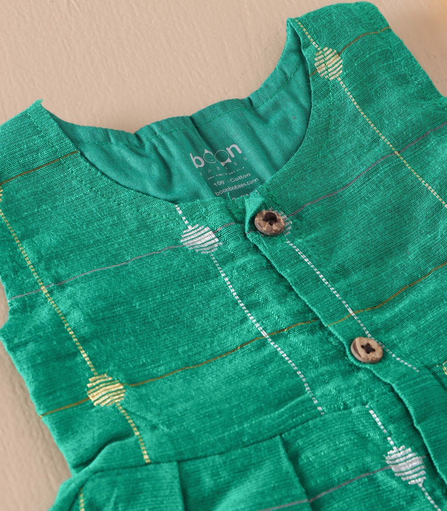 Classic Green Butta Silk Baby Frock with Wooden Buttons