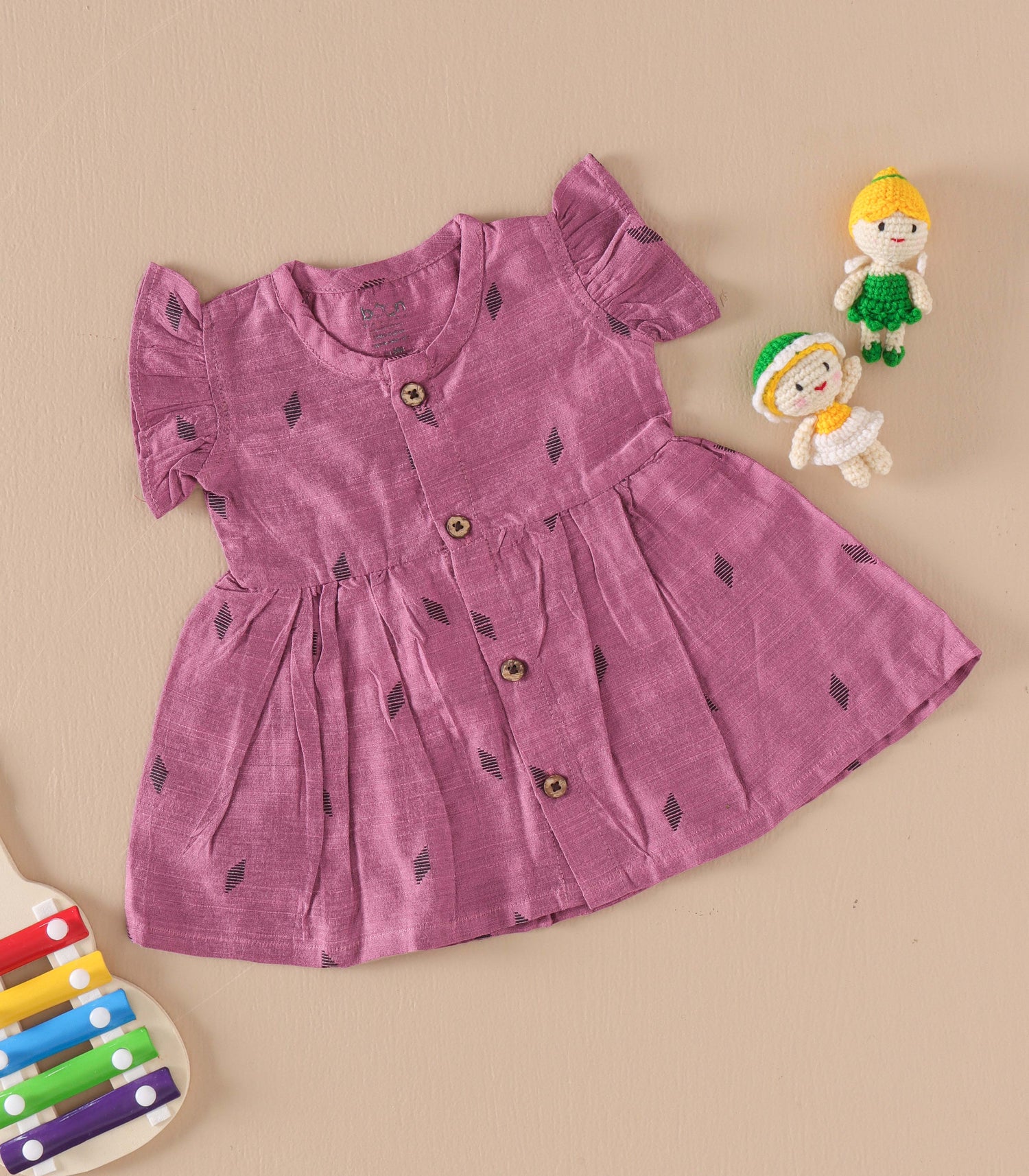 Lavender Ethnic Frill Frock with Wooden Buttons – Soft Silk Look