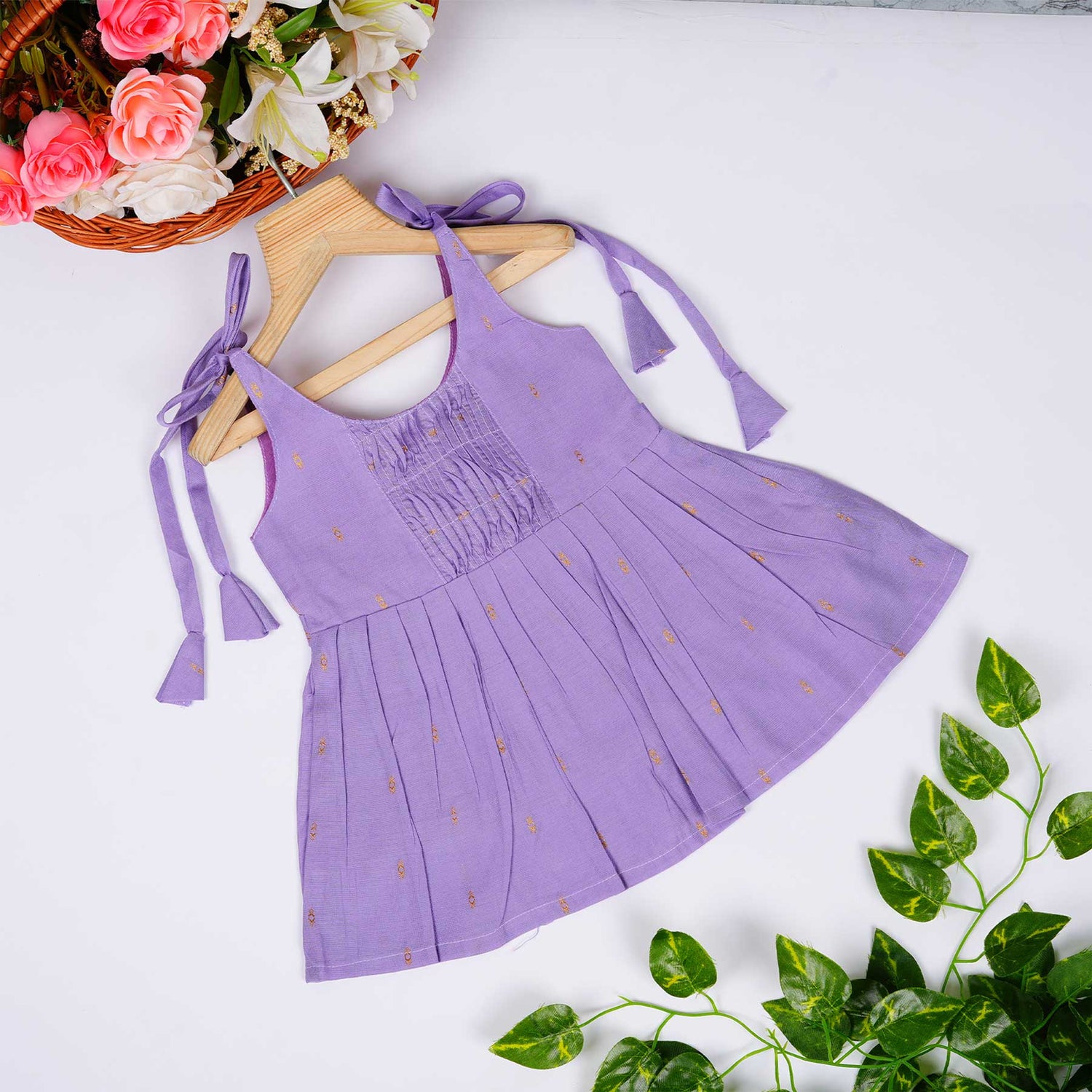 Baby Silk Knot Frock – Lavender Gathered Front Casual Wear