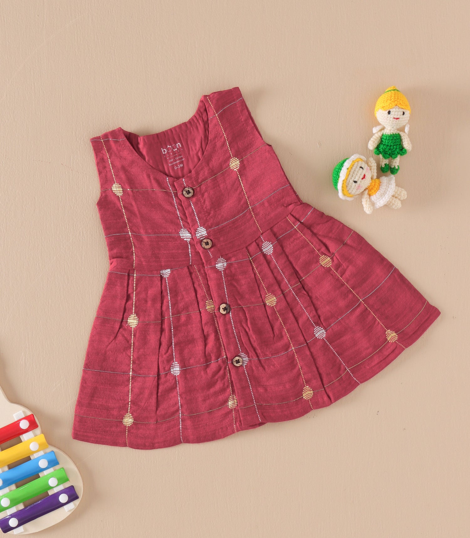 Classic Maroon Butta Silk Baby Frock with Wooden Buttons