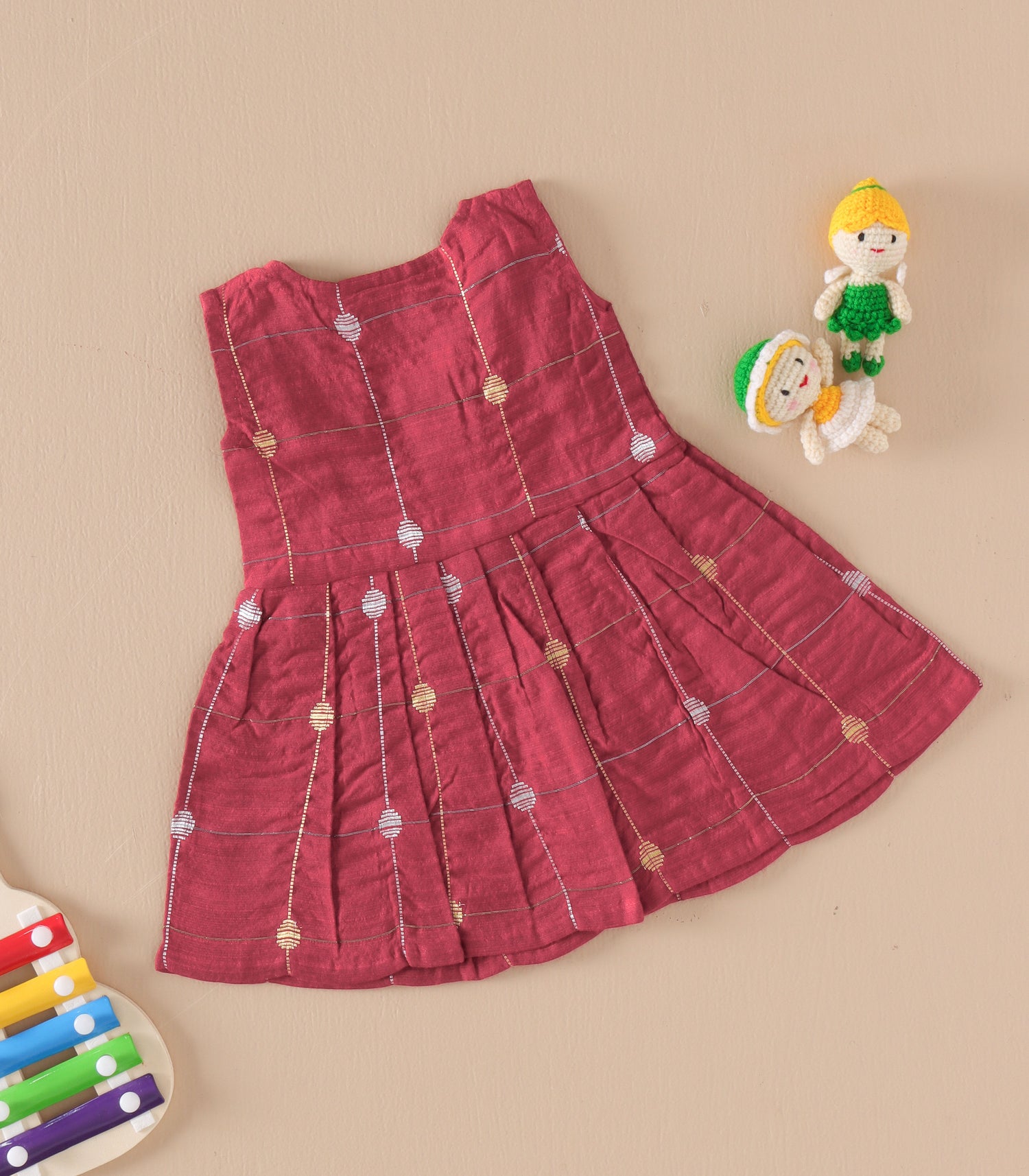 Classic Maroon Butta Silk Baby Frock with Wooden Buttons