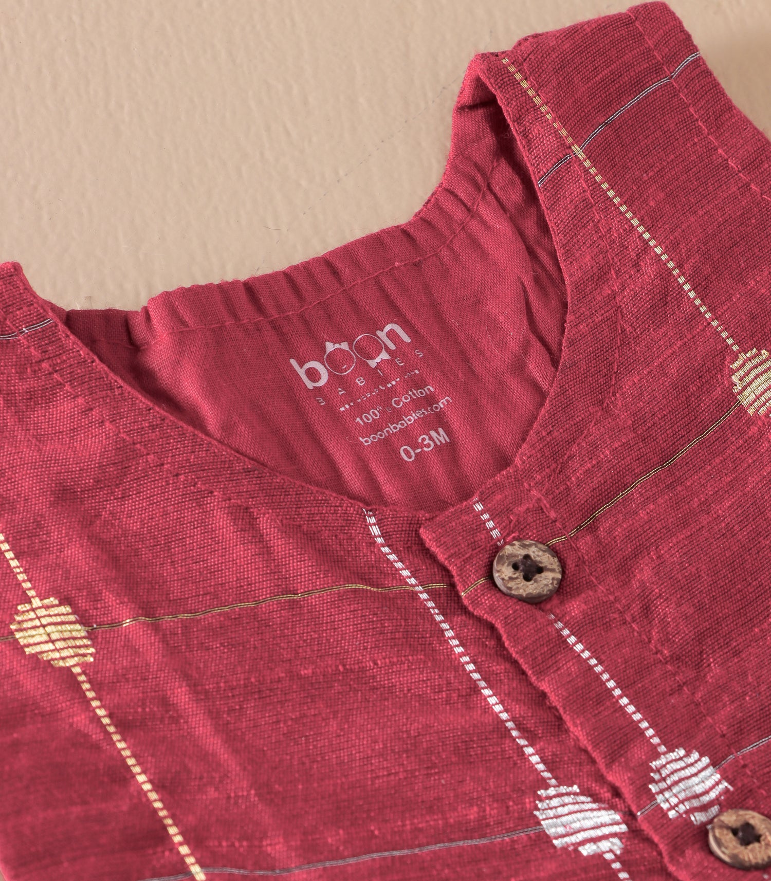 Classic Maroon Butta Silk Baby Frock with Wooden Buttons