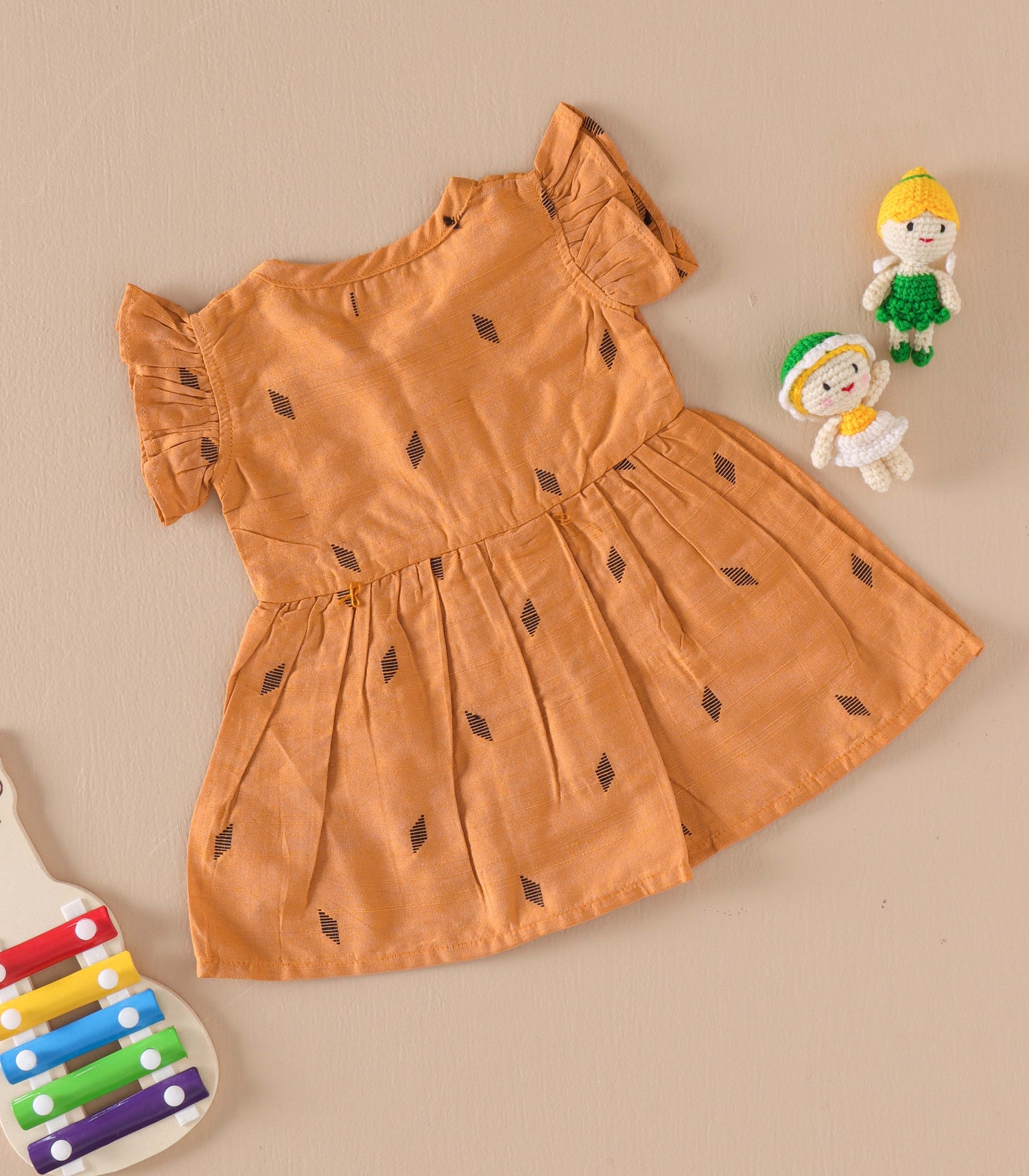 Mustard Ethnic Frill Frock with Wooden Buttons – Soft Silk Look