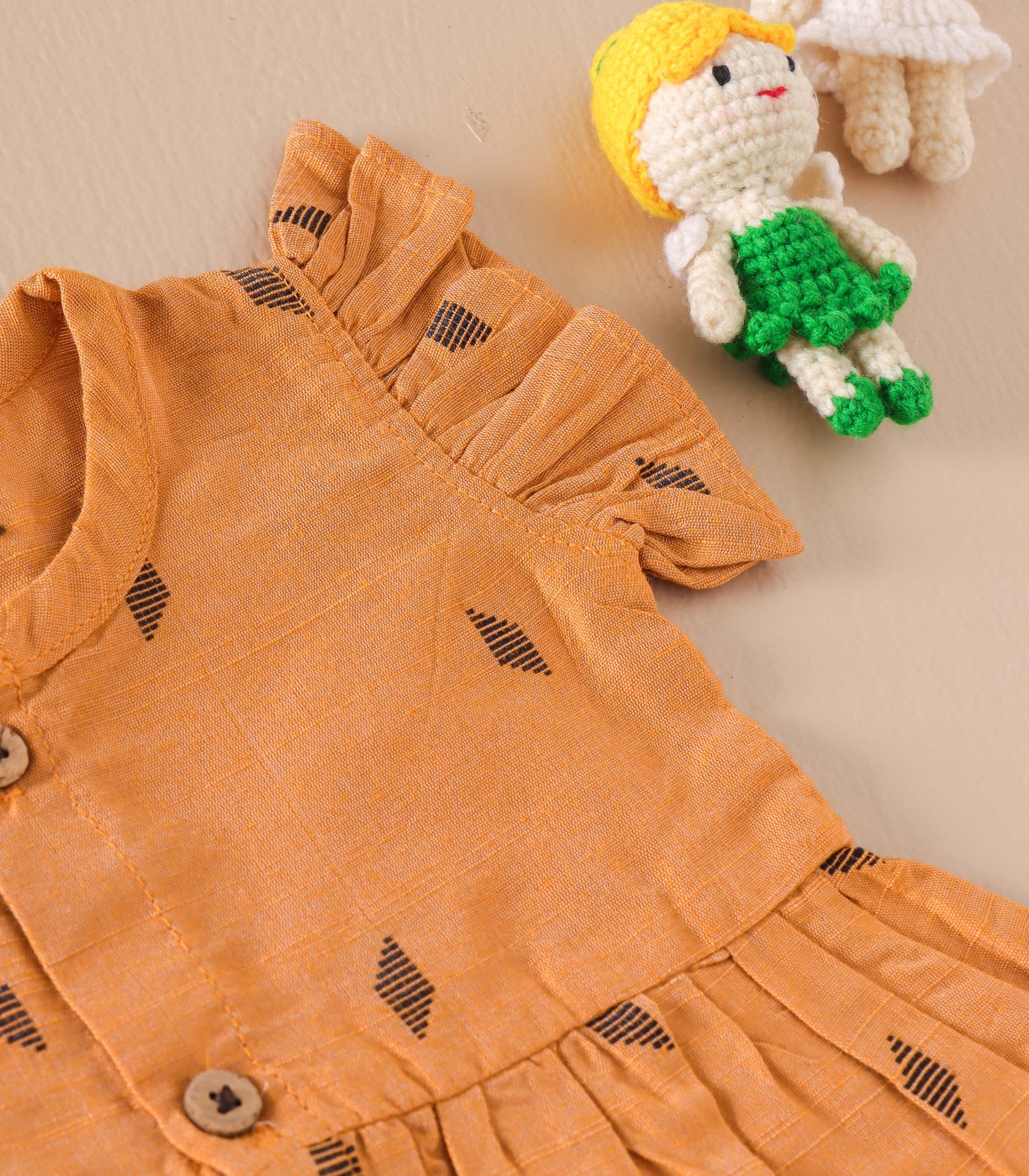 Mustard Ethnic Frill Frock with Wooden Buttons – Soft Silk Look