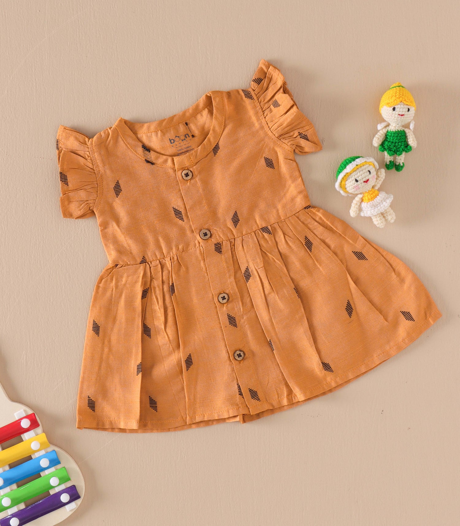 Mustard Ethnic Frill Frock with Wooden Buttons – Soft Silk Look