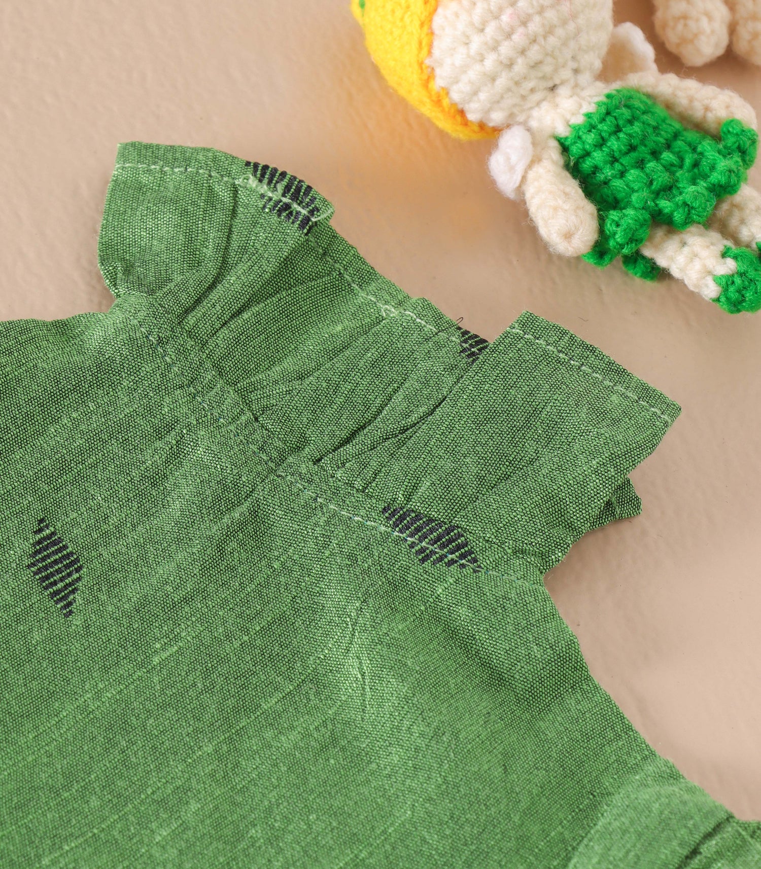 Olive Green Handwoven Ethnic Frill Frock – Soft Silk Feel