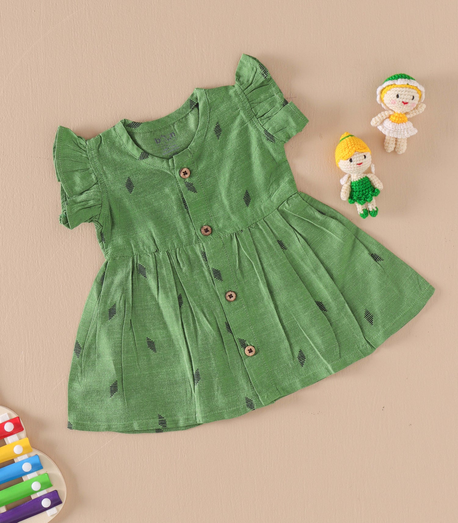 Olive Green Handwoven Ethnic Frill Frock – Soft Silk Feel