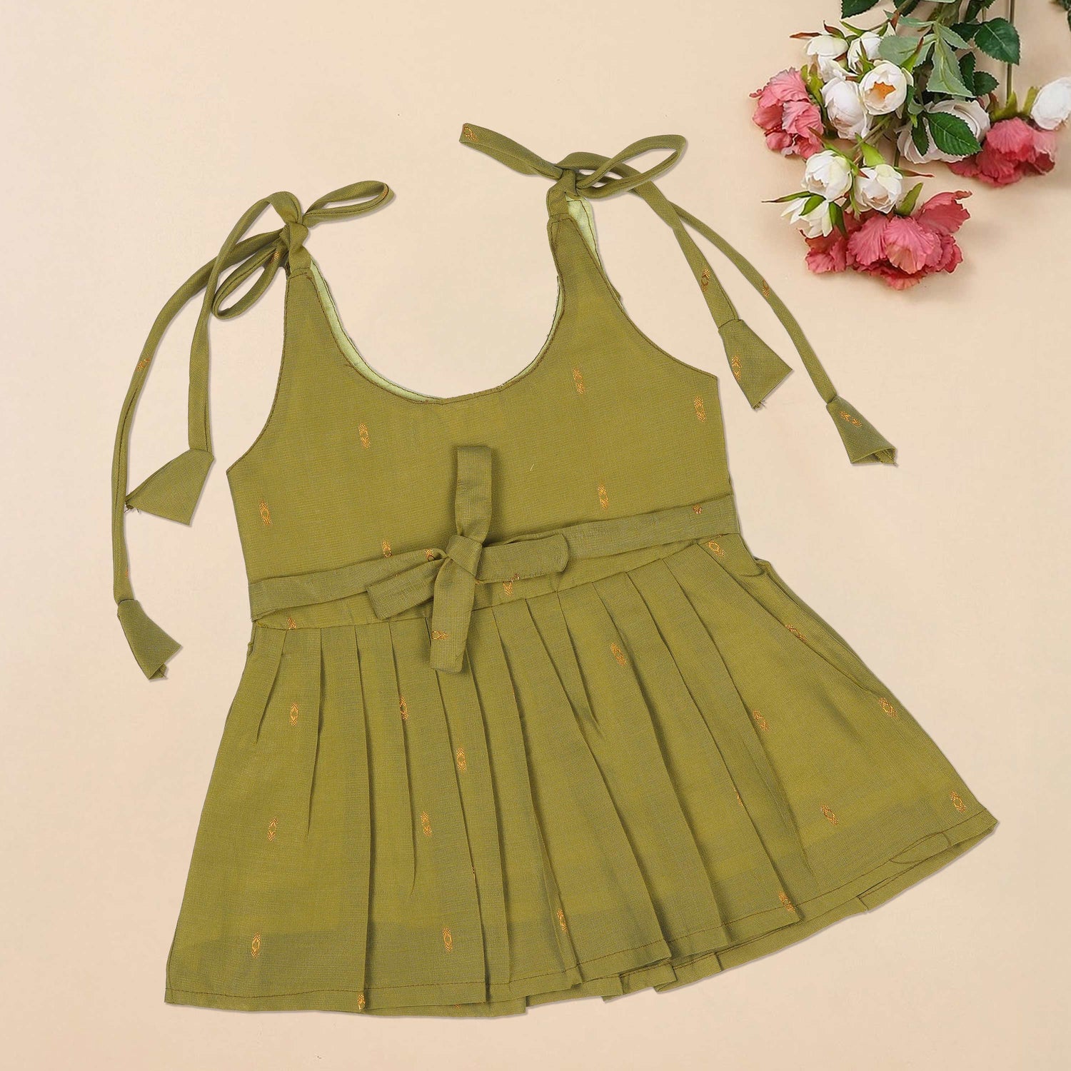 Baby Silk Knot Frock – Olive Diamond Weave Casual Look