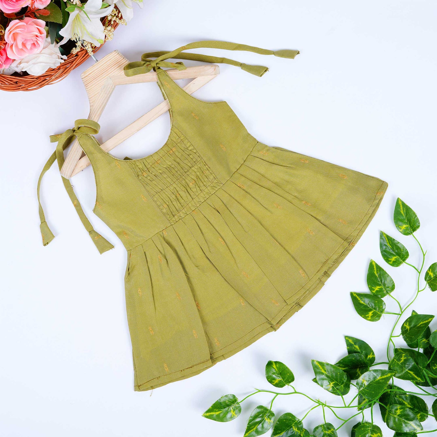 Baby Silk Knot Frock – Olive Gathered-Front Outdoor Style