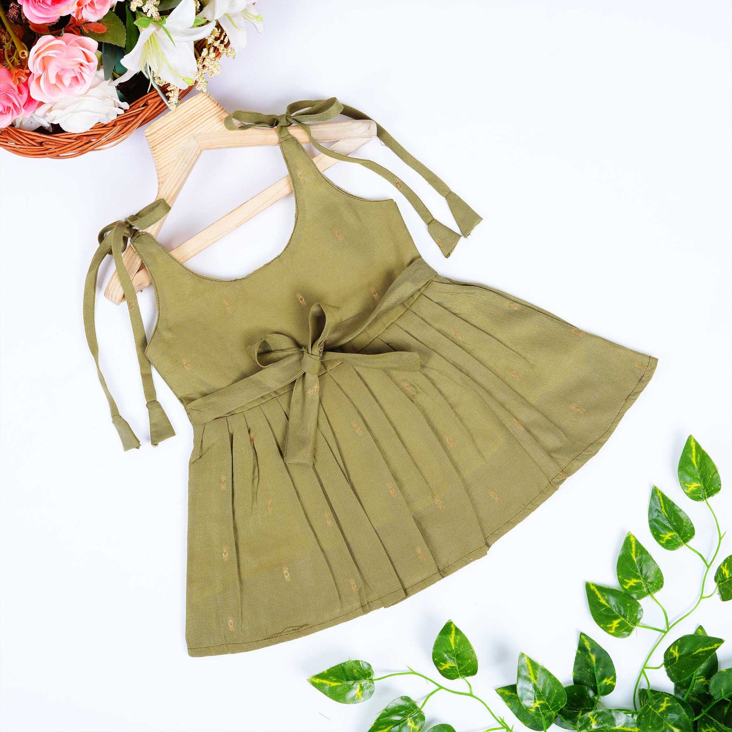 Baby Silk Knot Frock – Olive Gathered-Front Outdoor Style