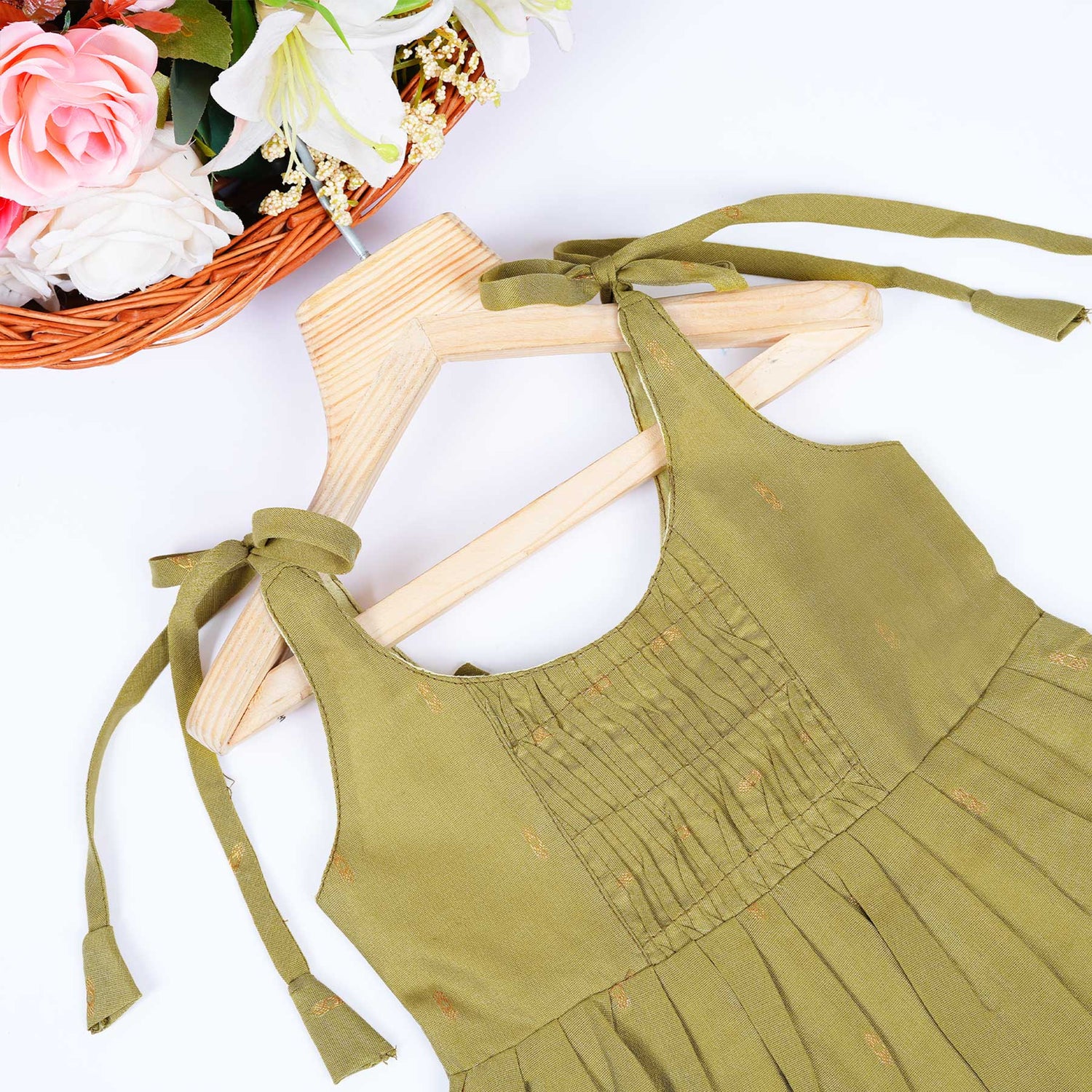 Baby Silk Knot Frock – Olive Gathered-Front Outdoor Style