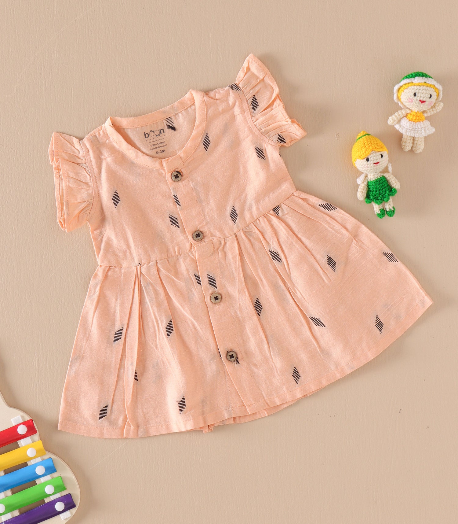 Peach Ethnic Frill Frock with Wooden Buttons