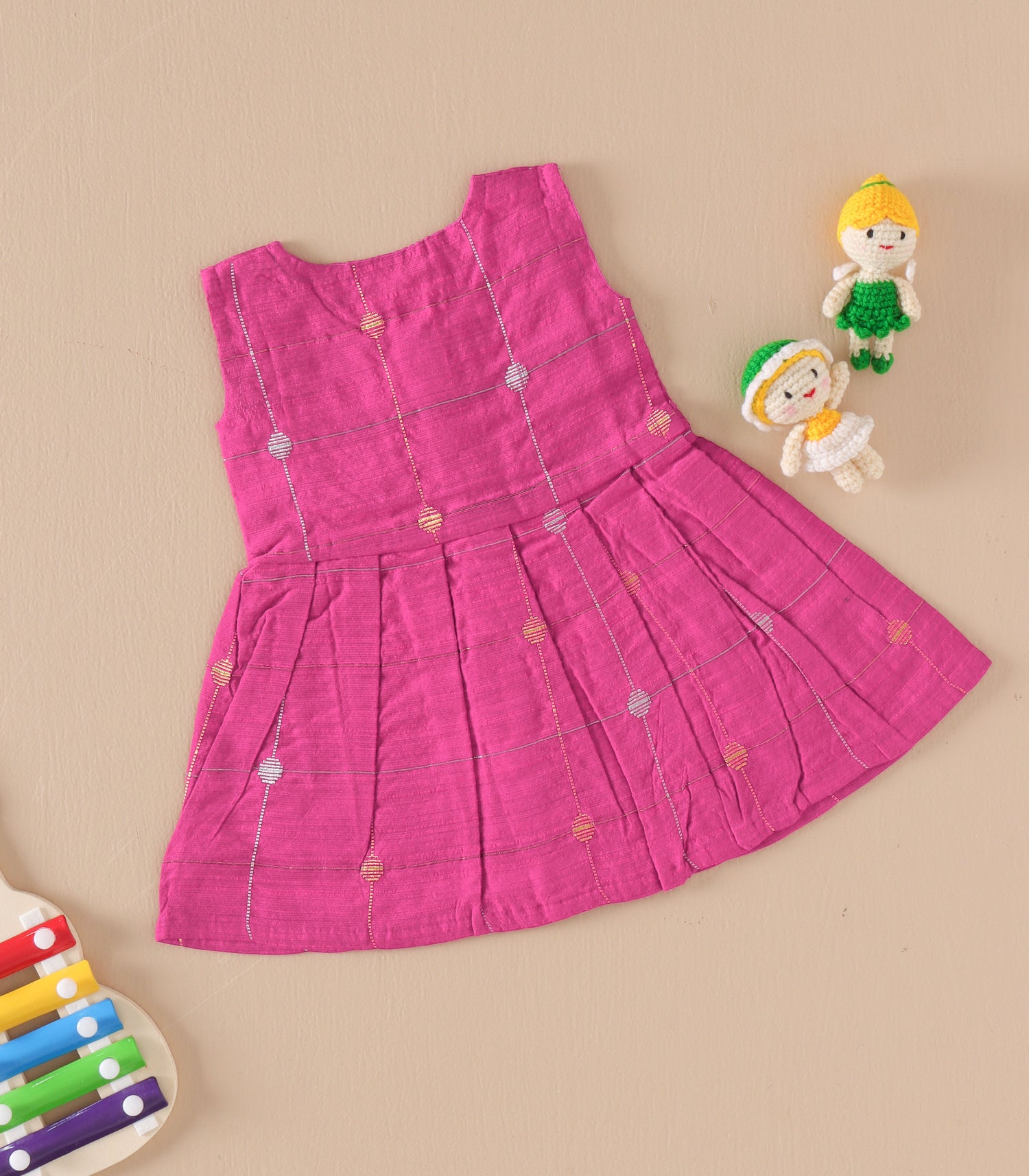 Pink Ethnic Butta Sleeveless Silk Baby Frock