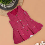 Ethnic pink silk baby frock for 3–18 months, with wooden buttons and woven motifs – ideal festive wear from Boon Babies.