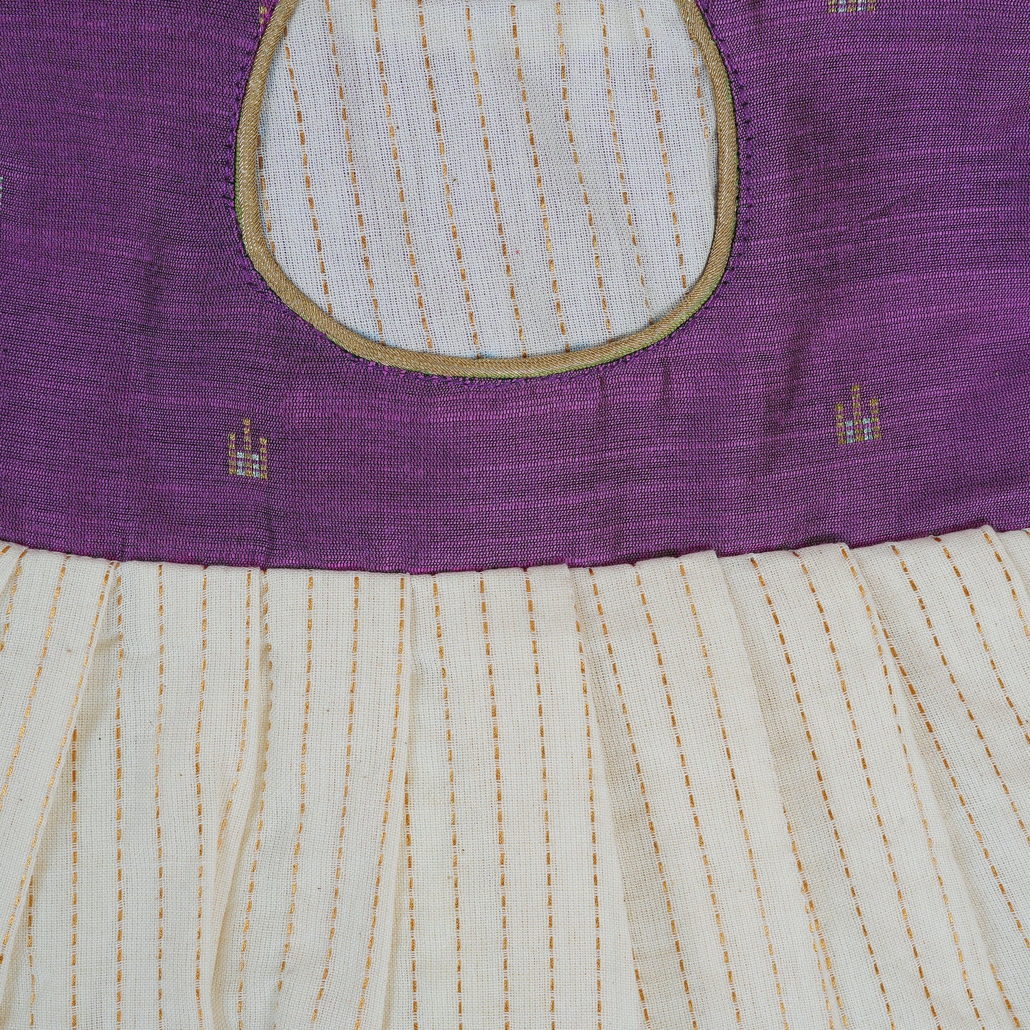 Purple & Cream Silk Puff Paa Neck Frock with Golden Zari Stripes