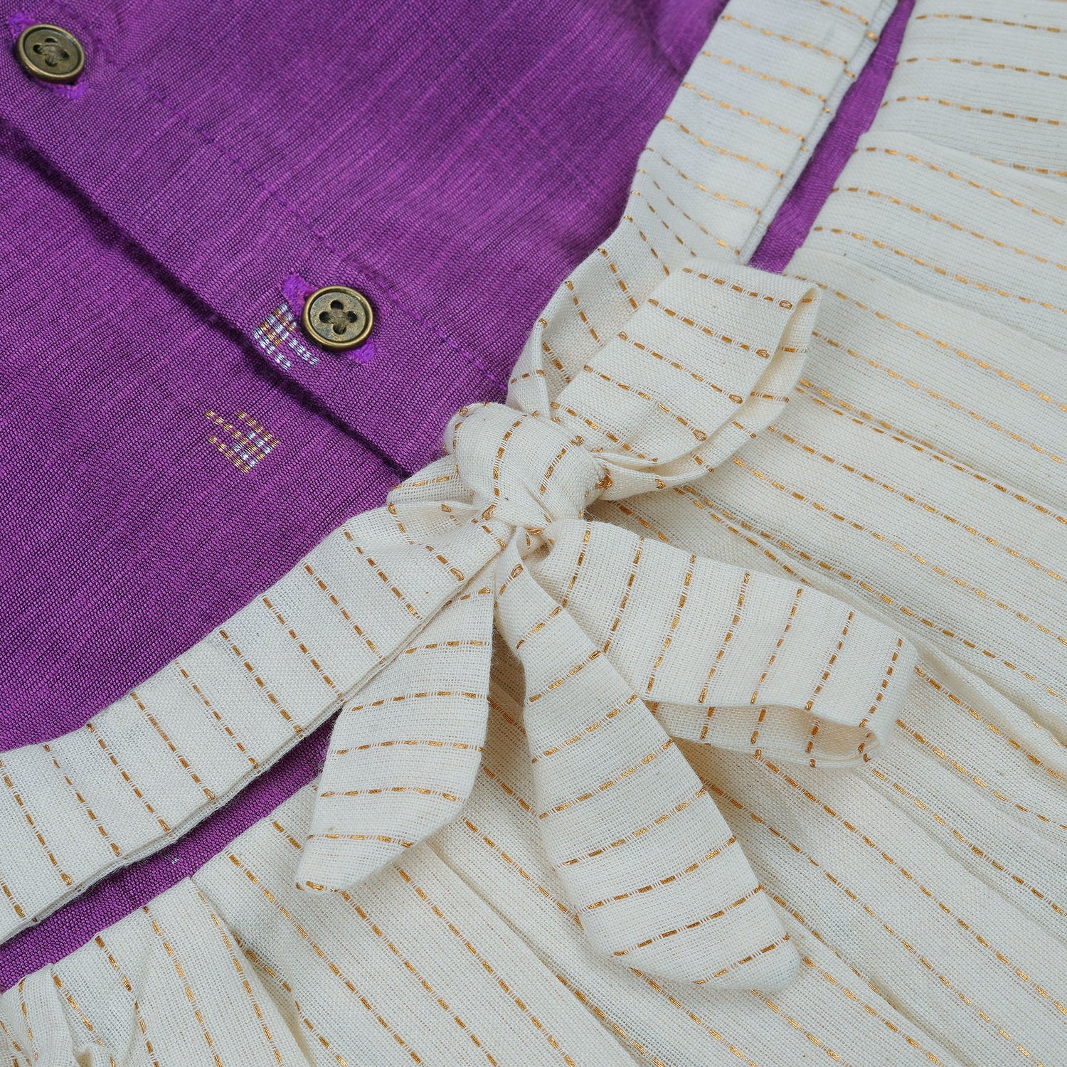 Purple & Cream Silk Puff Paa Neck Frock with Golden Zari Stripes