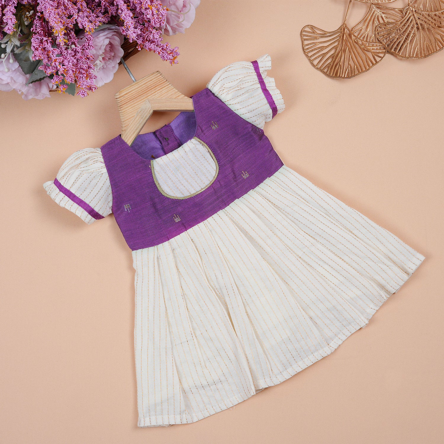 Purple & Cream Silk Puff Paa Neck Frock with Golden Zari Stripes