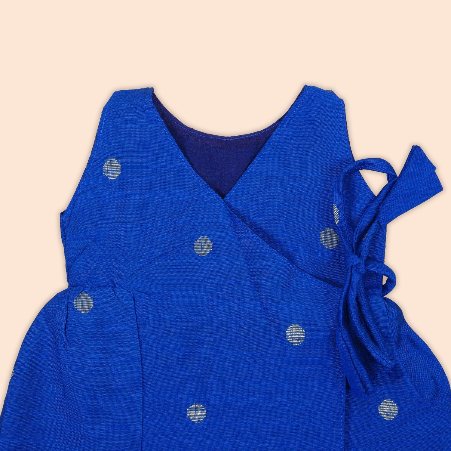 Royal Blue Baby Silk Frock with Golden Polka Side Knot