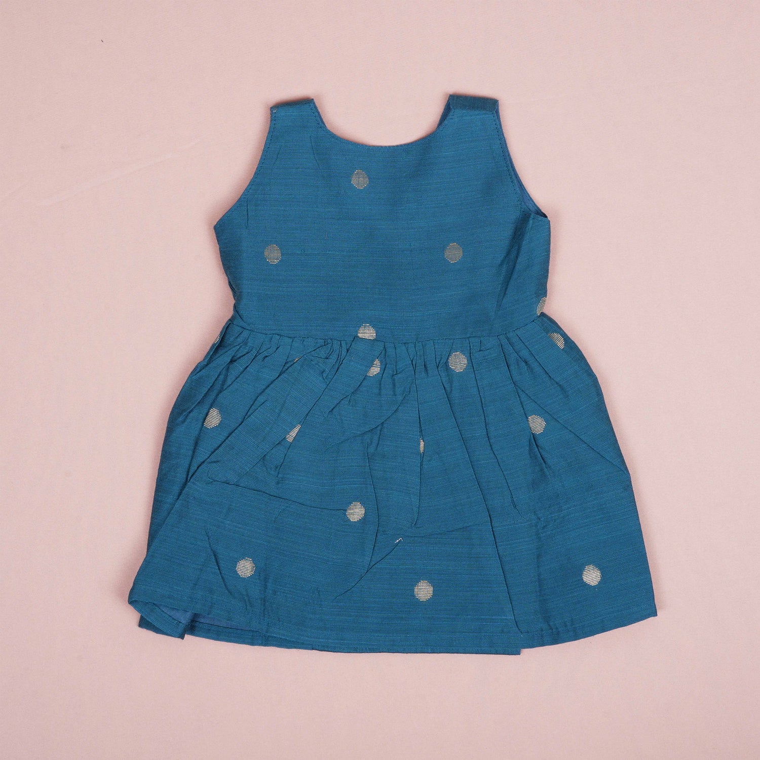 Royal Peacock Blue Silk Baby Ethnic Frock with Side Knot & Gold Buttas