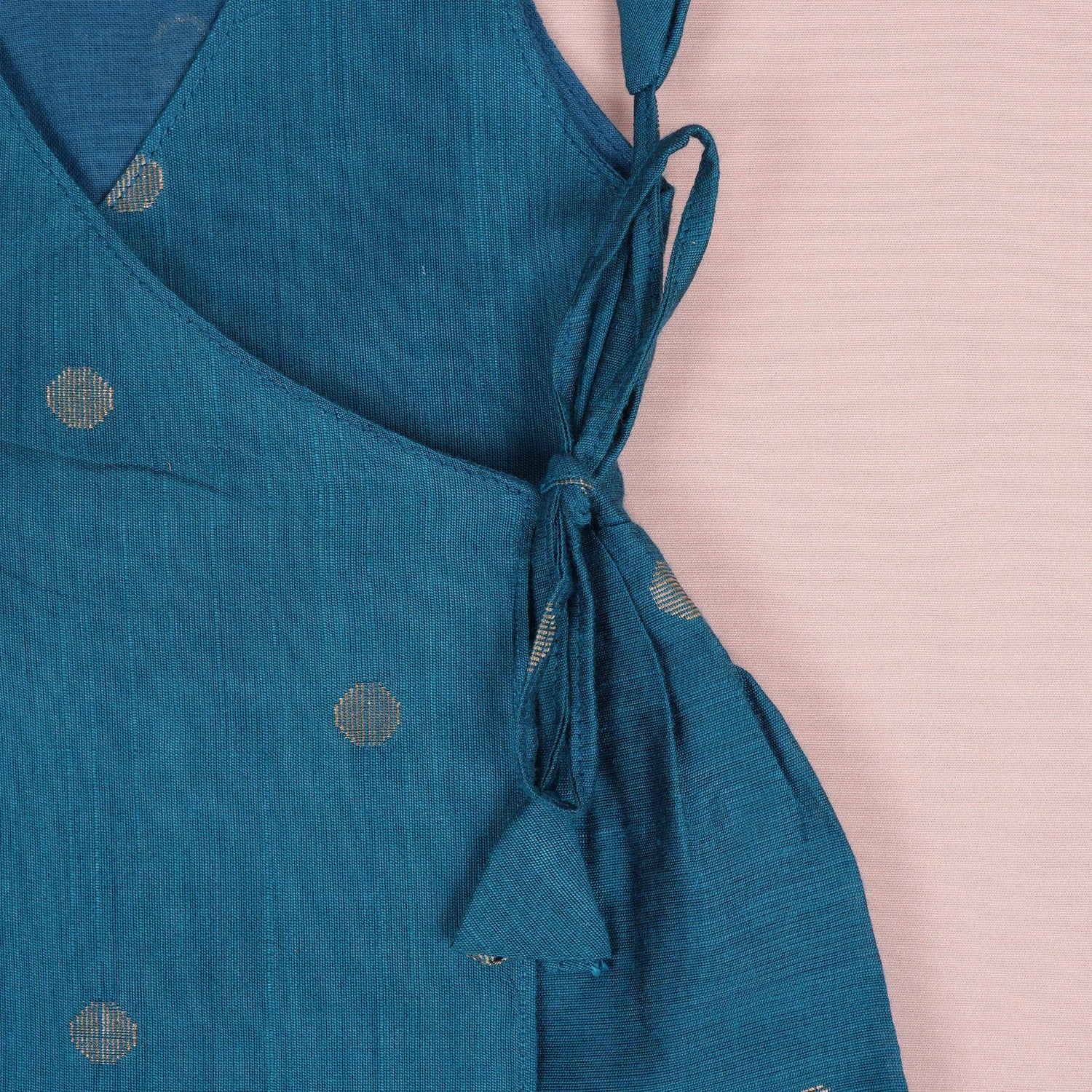 Royal Peacock Blue Silk Baby Ethnic Frock with Side Knot & Gold Buttas