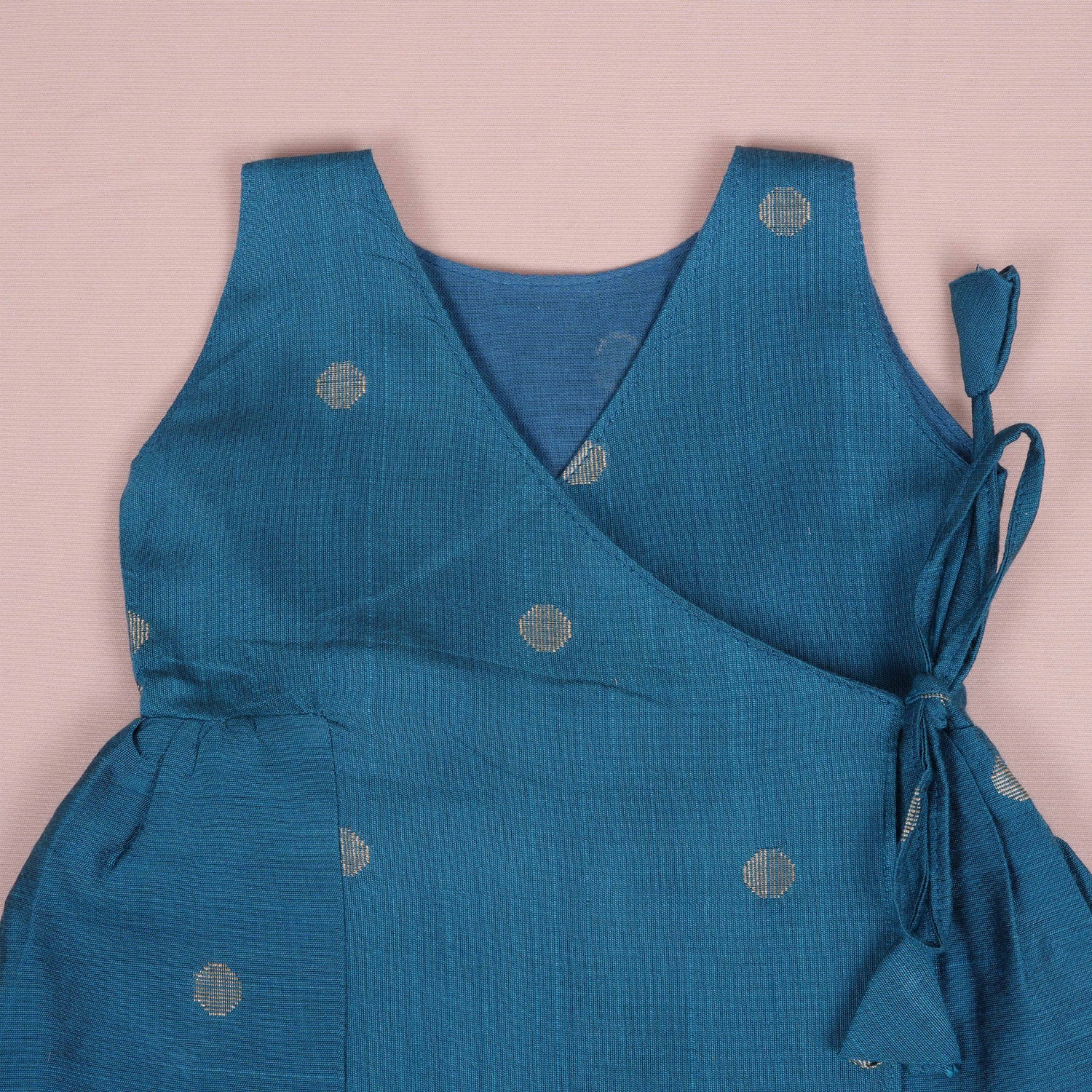 Royal Peacock Blue Silk Baby Ethnic Frock with Side Knot & Gold Buttas