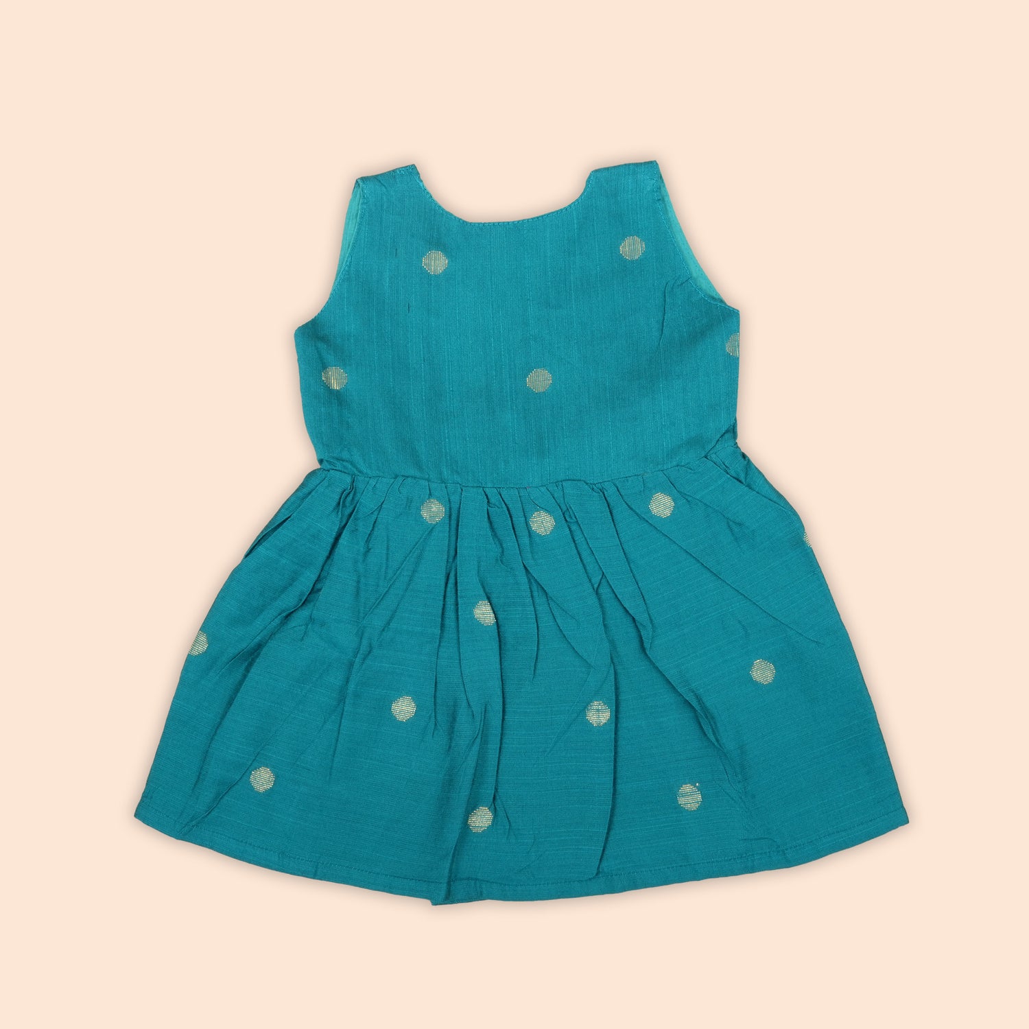 Teal Blue Baby Ethnic Silk Frock with Golden Buttas